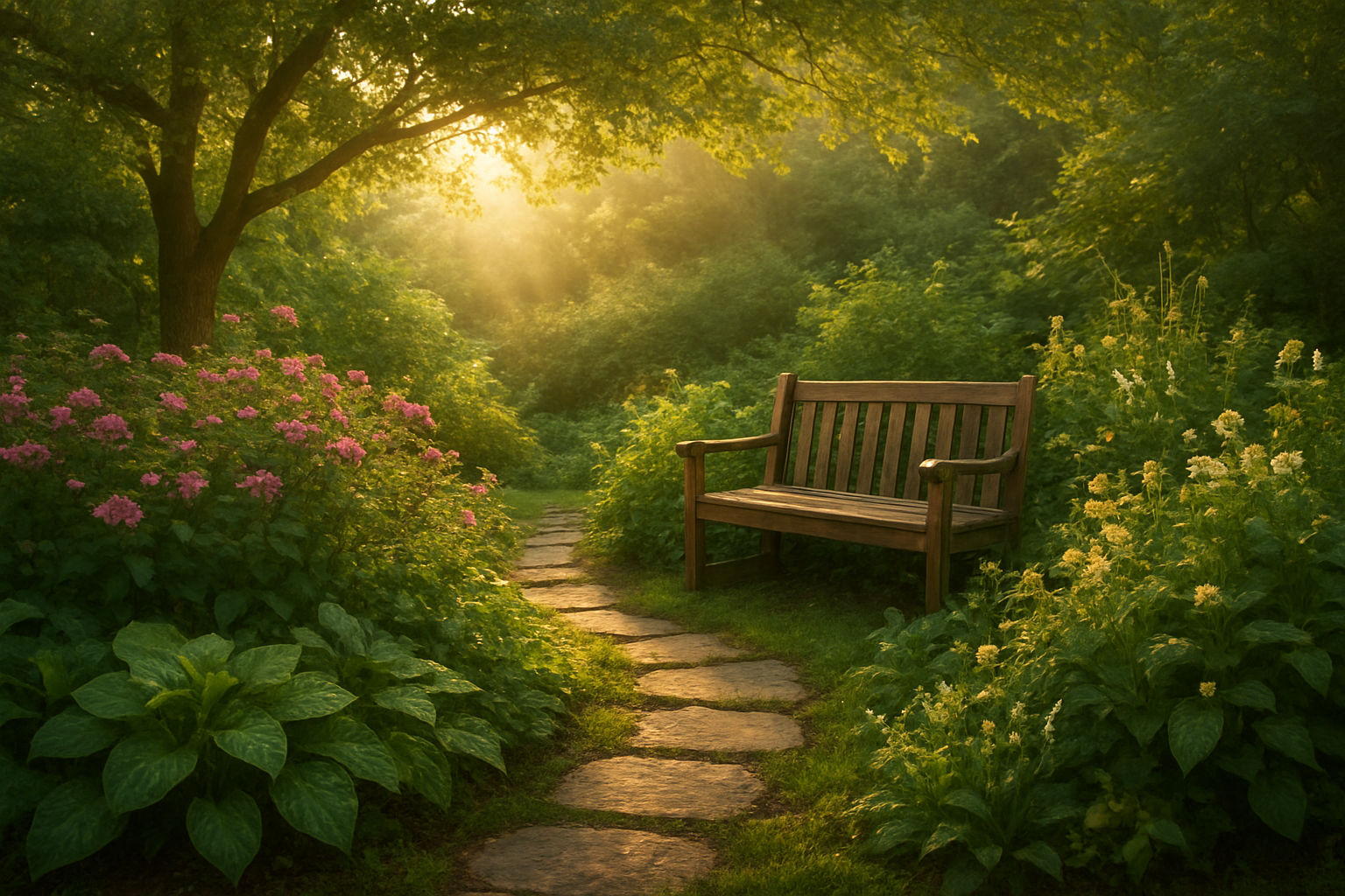 Create a realistic image of a peaceful garden scene with a small wooden bench positioned among lush green plants and blooming flowers, featuring soft golden sunlight filtering through tree branches overhead, with a gentle stone pathway leading toward the bench, creating a serene atmosphere of contemplation and spiritual reflection, with dewdrops on leaves suggesting fresh growth and renewal, warm natural lighting creating a hopeful and uplifting mood, absolutely NO text should be in the scene.