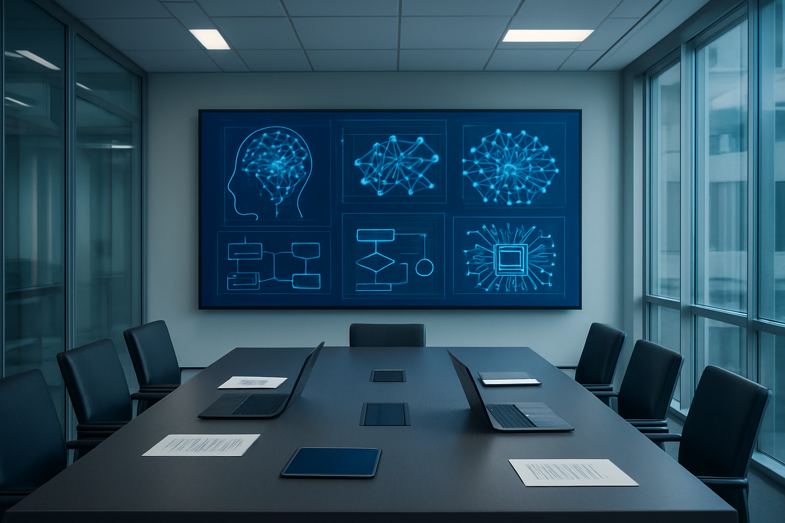 Create a realistic image of a modern government office conference room with a large wall-mounted digital display showing AI technology diagrams, neural network visualizations, and flowcharts, with a sleek conference table in the foreground containing laptops, tablets, and documents, professional lighting from overhead fixtures and natural window light, clean contemporary architecture with glass walls, blue and gray color scheme suggesting trust and professionalism, organized and high-tech atmosphere representing government technology adoption, absolutely NO text should be in the scene.