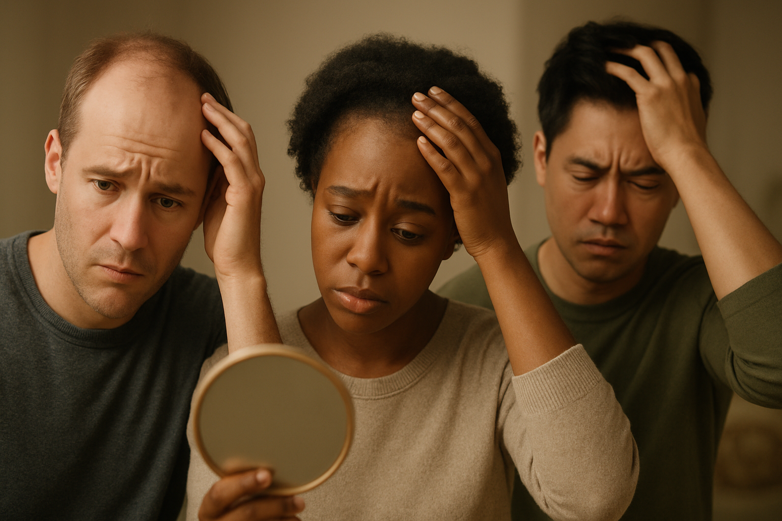 Create a realistic image of a diverse group of people showing various emotional expressions related to hair loss, including a white male looking worried while touching his receding hairline, a black female appearing sad while examining her thinning hair in a mirror, and an Asian male displaying frustration with his hand on his head, set in a softly lit indoor environment with warm, empathetic lighting that conveys understanding and support, with muted colors and a calming atmosphere that reflects the emotional journey of hair loss experiences, absolutely NO text should be in the scene.