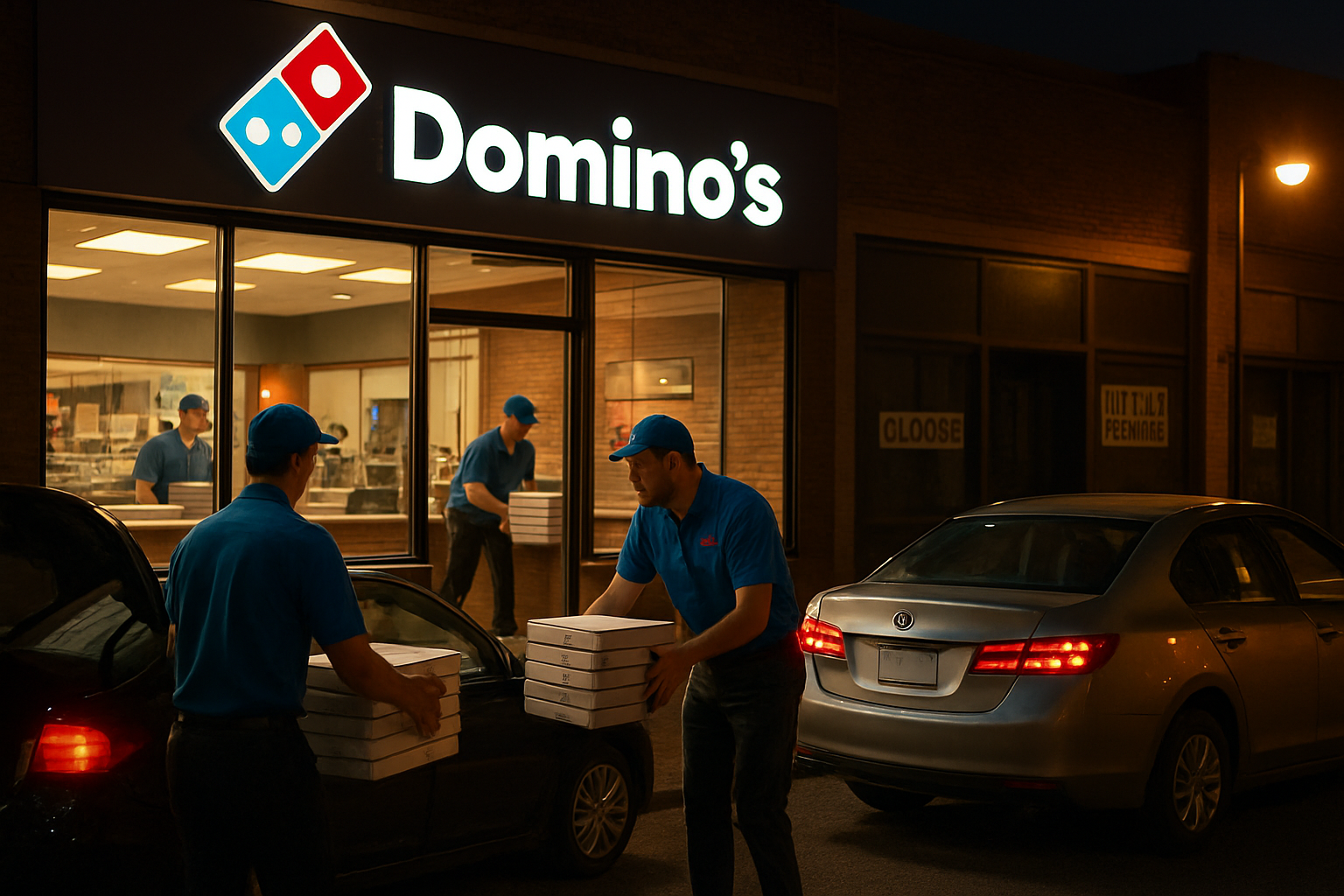 Create a realistic image of a bustling Domino's pizza store with bright illumination and active delivery drivers loading pizza boxes into cars, while in the background several competitor pizza restaurants appear dim, empty, and struggling with "closed" or "limited hours" signs visible, set during evening hours with warm street lighting creating a stark contrast between the thriving Domino's location and the underperforming competitors, showing the clear market advantage through visual business activity levels, absolutely NO text should be in the scene.