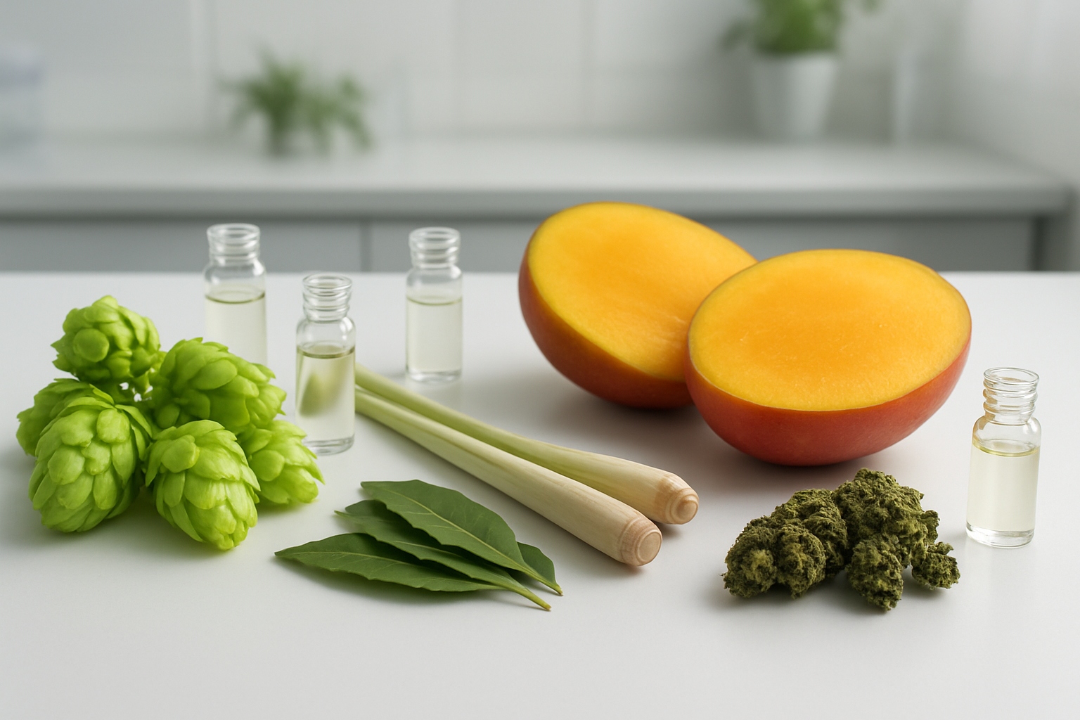 Create a realistic image of a scientific still life composition featuring natural sources of myrcene terpene, including fresh hops flowers, ripe mangoes cut in half showing the flesh, lemongrass stalks, bay leaves, and cannabis buds arranged on a clean white laboratory table, with small glass vials containing clear aromatic oils nearby, soft natural lighting from above creating gentle shadows, clean modern laboratory background with subtle green plants, emphasizing the natural botanical origins of the terpene compound, absolutely NO text should be in the scene.