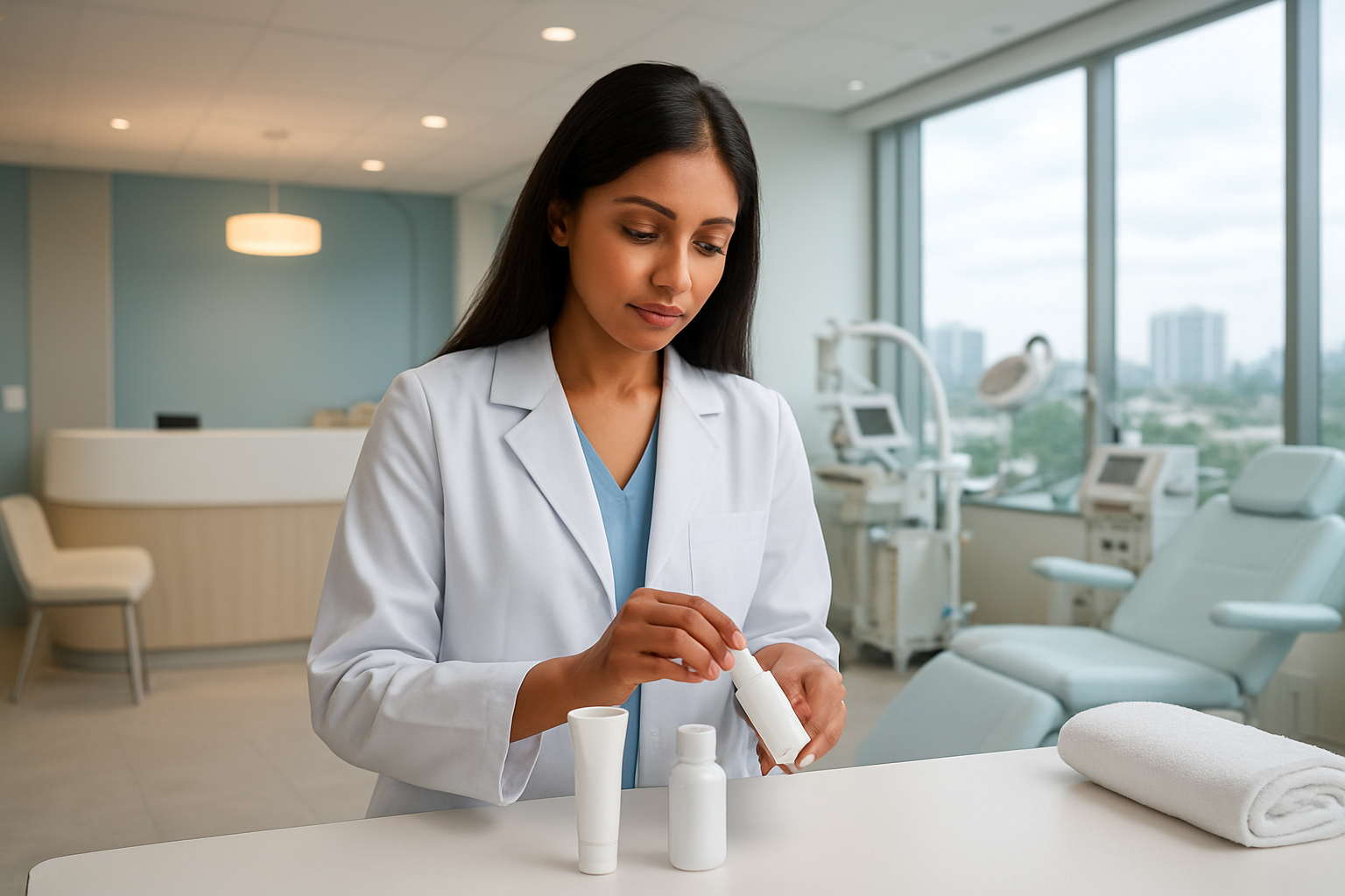 Create a realistic image of a modern, upscale dermatology clinic interior with sleek white and light blue medical furniture, advanced dermatological equipment visible in the background, a clean reception area with contemporary design elements, warm professional lighting, and a South Asian female dermatologist in a white coat examining skincare products on a pristine treatment table, with large windows showing a glimpse of Bengaluru cityscape, conveying excellence and professionalism in medical care, absolutely NO text should be in the scene.