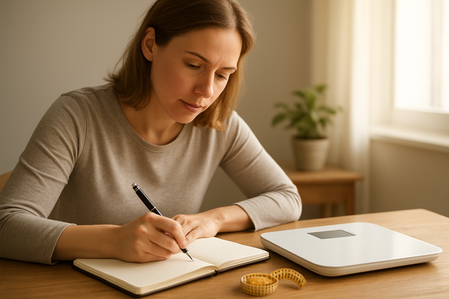 Create a realistic image of a white female in her 30s sitting at a clean wooden desk writing in a journal with a pen, a digital scale visible on the desk beside her, a measuring tape curled nearby, a small potted plant in the background, natural sunlight streaming through a window creating a calm and motivating atmosphere, the woman appears focused and determined as she plans her goals, soft warm lighting creating an encouraging mood, absolutely NO text should be in the scene.
