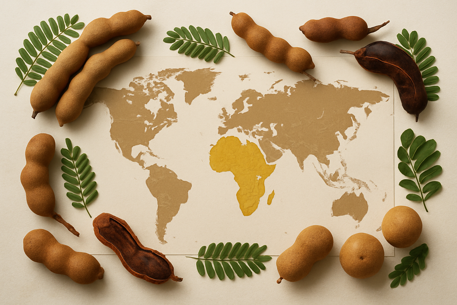 Create a realistic image of a world map showing the origins and global distribution of tamarinds, featuring highlighted regions in Africa (particularly Madagascar and tropical Africa) as the origin point with warm golden coloring, and distribution areas across Asia (India, Southeast Asia), Central and South America, and the Caribbean marked with tamarind pods and leaves scattered around the map edges, set against a clean neutral background with soft natural lighting, displaying various tamarind fruits in different stages of ripeness positioned strategically near their corresponding geographic regions. Absolutely NO text should be in the scene.