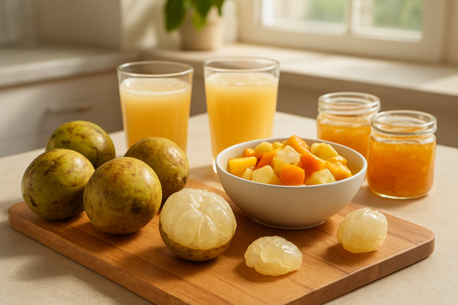 Create a realistic image of fresh wampi fruits arranged on a wooden cutting board alongside various preparation methods including peeled wampi fruits showing their translucent flesh, a bowl of wampi fruit salad mixed with other tropical fruits, glasses of fresh wampi juice, and wampi preserves in small glass jars, all set on a bright kitchen counter with natural sunlight streaming in from a window, creating a warm and inviting culinary atmosphere that showcases the versatility of this exotic fruit, absolutely NO text should be in the scene.