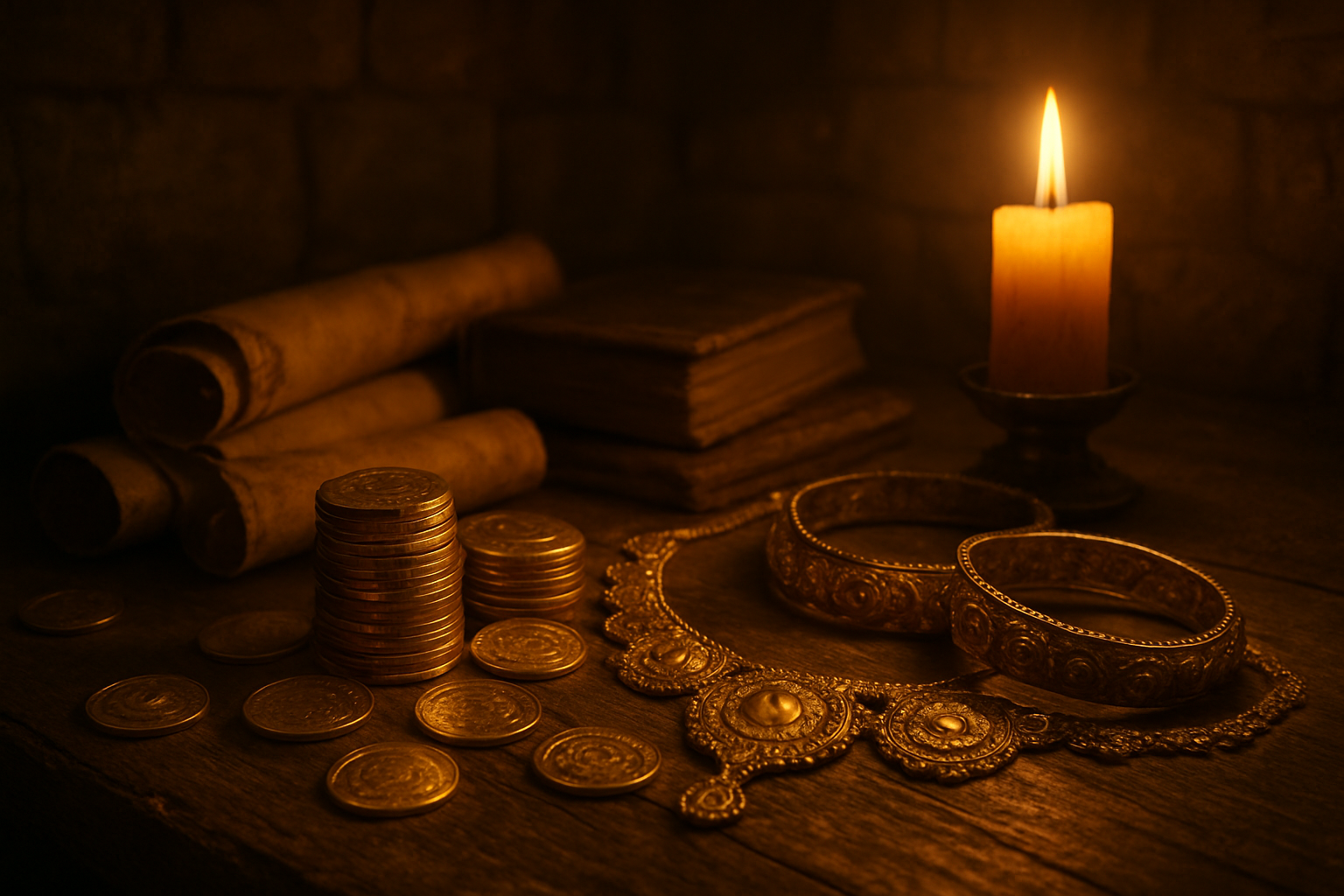 Create a realistic image of gleaming gold coins and ornate golden jewelry pieces arranged on an ancient wooden table, with soft candlelight illuminating the precious metal creating warm golden reflections, surrounded by aged parchment scrolls and ancient books suggesting biblical symbolism, set in a dimly lit stone chamber with warm amber lighting that emphasizes the spiritual significance of gold as a sacred offering, absolutely NO text should be in the scene.