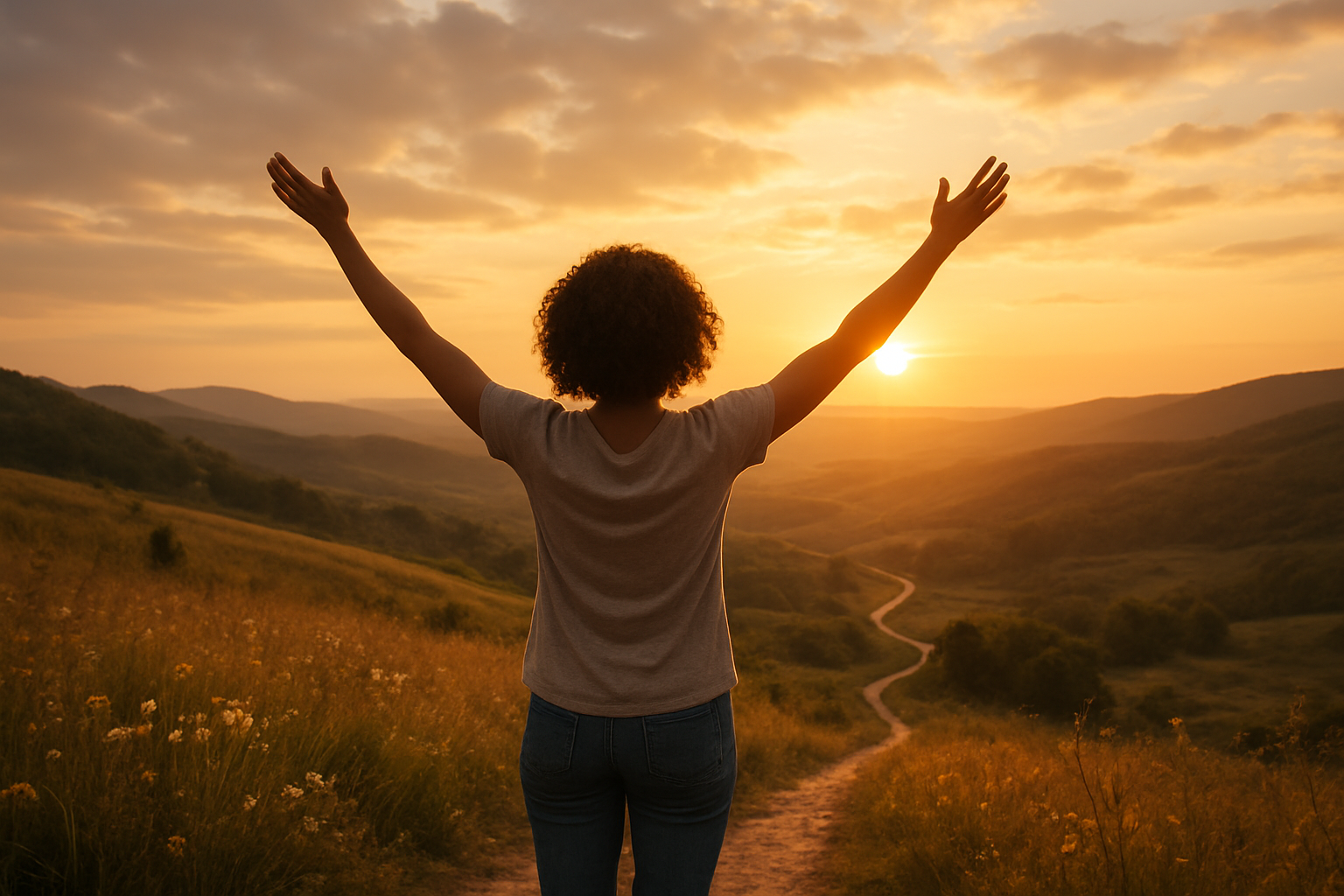 Create a realistic image of a peaceful outdoor scene with a person of mixed race, female, standing on a hillside with arms raised upward in a gesture of surrender and worship, facing a beautiful sunrise breaking through soft clouds, with a winding path leading down from the hill into a valley below representing life's journey, surrounded by gentle rolling hills and wildflowers, warm golden and orange lighting from the sunrise creating a serene and hopeful atmosphere, the woman wearing simple casual clothing, her posture conveying trust and release, absolutely NO text should be in the scene.