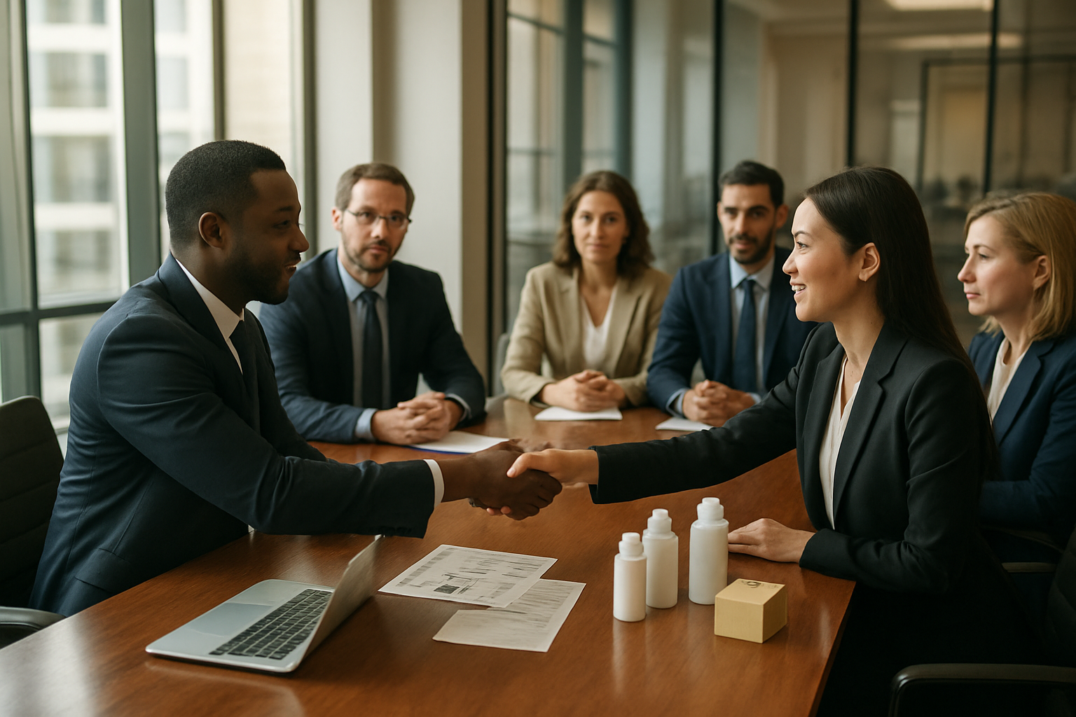 Create a realistic image of a professional business meeting in a modern conference room where a black male Ghanaian businessman in a dark suit is shaking hands with an Asian female supplier representative across a polished wooden table, with laptops, documents, and product samples visible on the table, warm natural lighting from large windows, other business professionals of diverse backgrounds sitting around the table observing the partnership agreement, modern office setting with glass walls and corporate atmosphere, absolutely NO text should be in the scene.