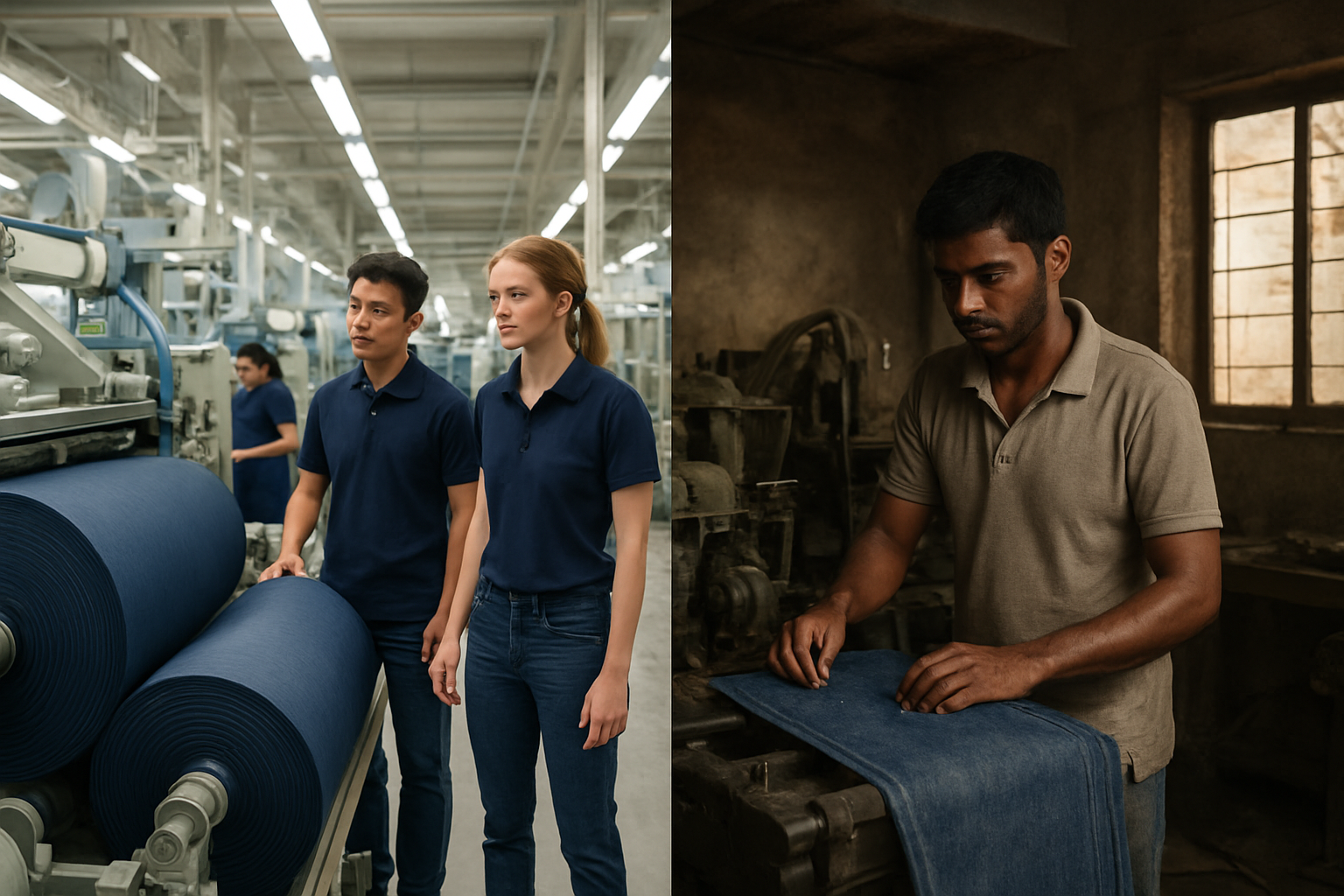 Create a realistic image of two contrasting denim production scenes side by side: on the left, a modern, well-lit factory with advanced machinery and quality blue denim fabric rolls, overseen by a diverse group of workers (including an Asian male and a white female) in neat uniforms, representing export-quality denim; on the right, a smaller, dimmer workshop with older equipment, less refined denim materials, and a single South Asian male worker in casual attire, symbolizing domestic denim production; the background should subtly suggest economic disparity through factory size and environment, with natural daylight filtering in, and absolutely NO text should be in the scene.