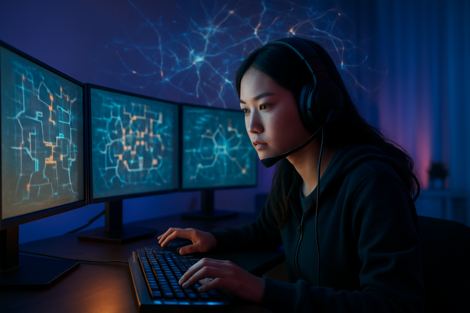 Create a realistic image of a young Asian female gamer sitting at a modern gaming setup with multiple monitors displaying a puzzle or strategy game, with glowing neural network pathways and brain synapses subtly overlaid in the background air around her head, warm ambient lighting from the computer screens illuminating her focused expression, gaming headset on, hands actively engaged with keyboard and mouse, modern bedroom or office setting with soft blue and purple lighting creating a futuristic atmosphere that suggests cognitive enhancement and memory processes, absolutely NO text should be in the scene.