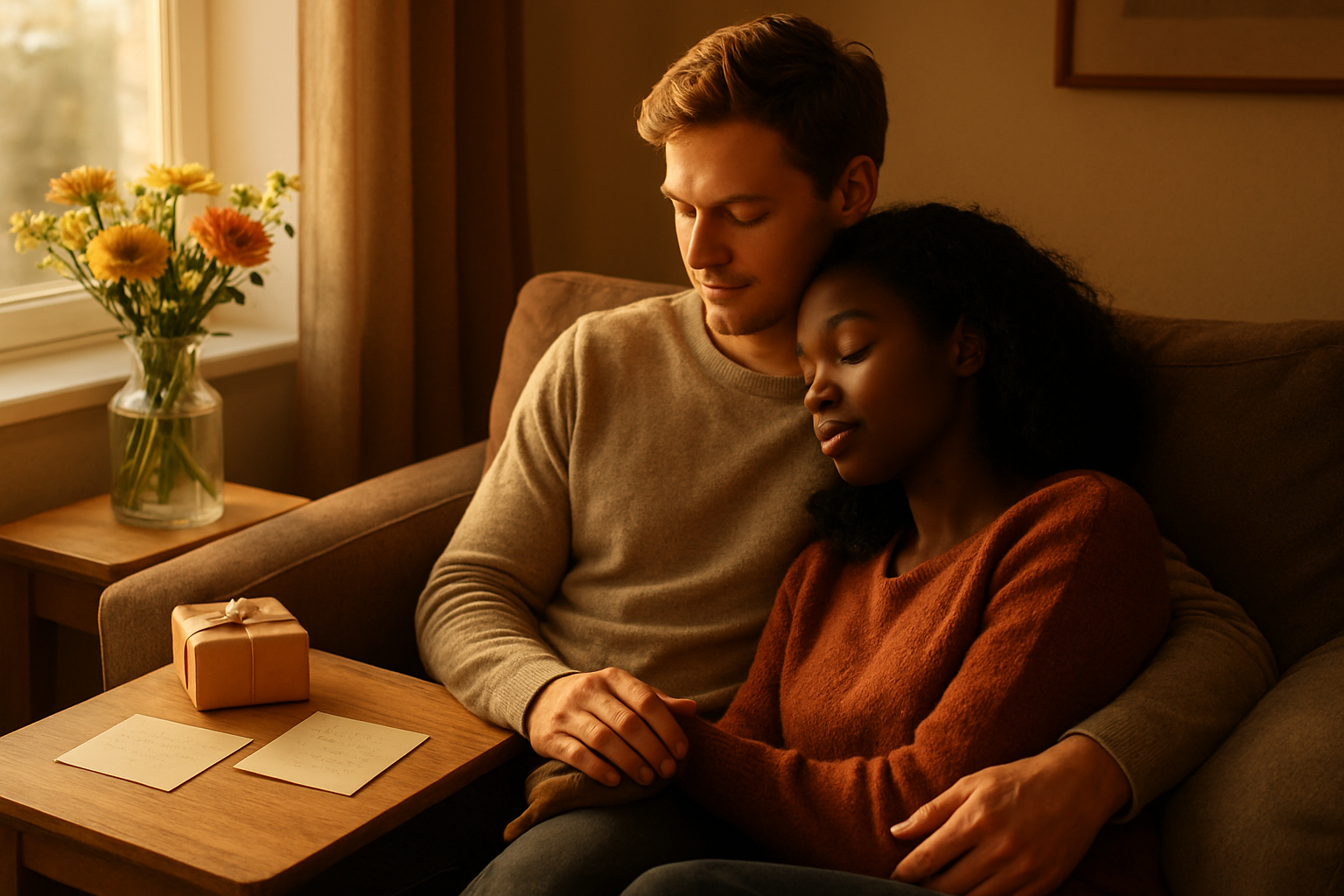 Create a realistic image of a warm, intimate living room scene with soft golden hour lighting streaming through a window, featuring a white male and black female couple sitting close together on a comfortable couch, the woman resting her head on the man's shoulder while he gently holds her hand, with thoughtful details in the background including fresh flowers on a side table, handwritten notes, a carefully wrapped small gift, and books about personal development, creating an atmosphere of love, care, and emotional connection without any spoken words, shot from a slightly elevated angle to capture the peaceful intimacy of the moment, with warm earth tones and soft textures throughout the scene, absolutely NO text should be in the scene.