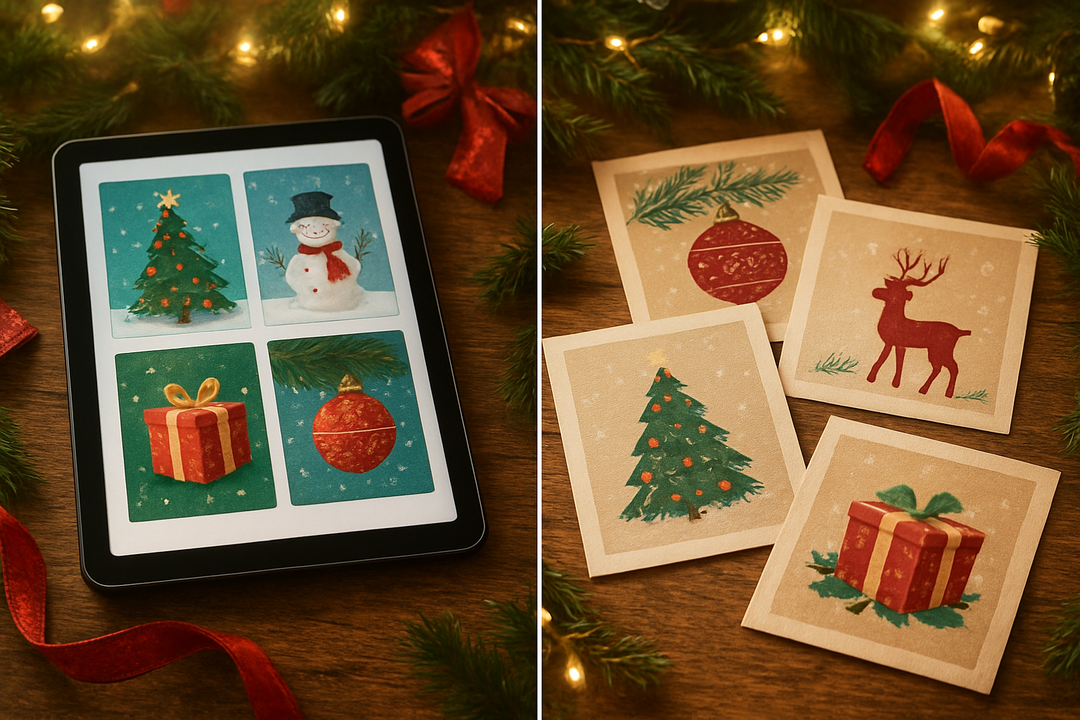Create a realistic image of a split-screen composition showing digital Christmas cards displayed on a tablet screen on the left side and traditional paper Christmas cards spread on a wooden table on the right side, with festive decorations like pine branches, red ribbons, and warm golden fairy lights creating a cozy Christmas atmosphere in the background, soft warm lighting illuminating both sides equally to show balance and comparison, absolutely NO text should be in the scene.