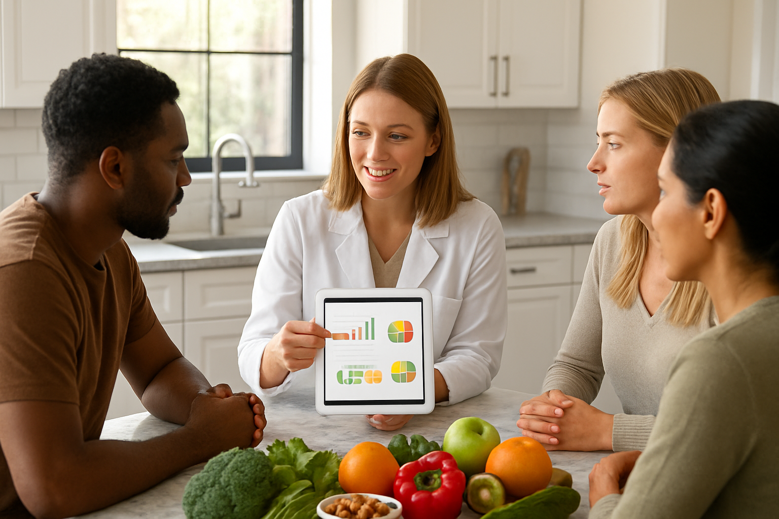 Create a realistic image of a white female nutritionist or dietitian in a bright, modern kitchen consulting with a diverse group of people around a marble countertop covered with fresh vegetables, fruits, and healthy foods, while she points to a digital tablet displaying nutritional information, with natural sunlight streaming through large windows creating a warm, educational atmosphere that suggests guidance and informed decision-making about food choices, absolutely NO text should be in the scene.