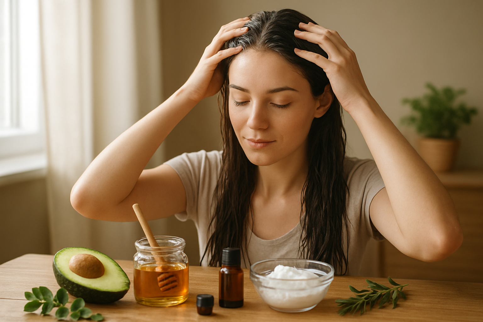 Create a realistic image of a young white female applying natural hair treatments at home, with her hands gently massaging coconut oil into her long dark hair, surrounded by natural ingredients like avocado, honey jar, essential oil bottles, and fresh herbs on a wooden bathroom counter, soft natural lighting from a window, peaceful and serene spa-like atmosphere, absolutely NO text should be in the scene.