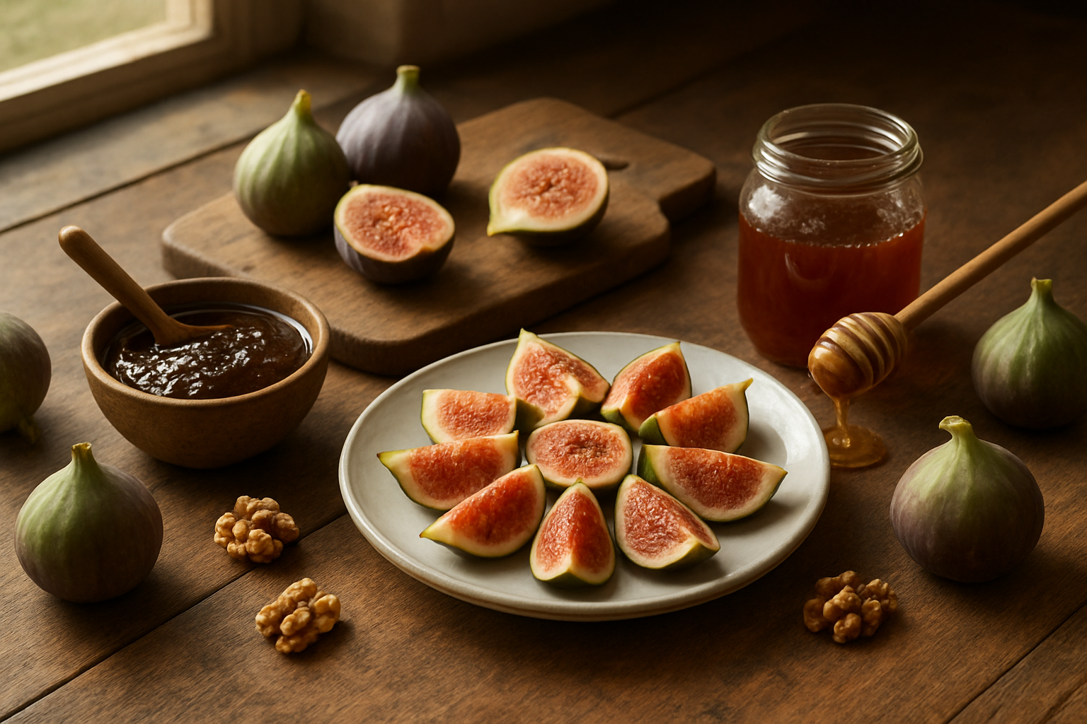 Create a realistic image of a rustic wooden kitchen counter displaying various culinary preparations of fresh figs, including sliced purple and green figs arranged on a white ceramic plate, a bowl of fig jam with a wooden spoon, fresh whole figs scattered around, a cutting board with halved figs showing their pink interior, honey drizzling from a wooden dipper, scattered walnuts, and soft natural lighting from a nearby window creating warm shadows, absolutely NO text should be in the scene.