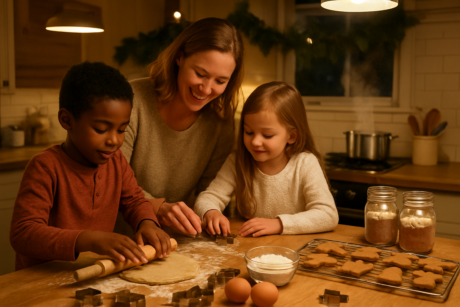Create a realistic image of a warm, cozy kitchen scene showing a white female mother and her two children (one black male child and one white female child) preparing homemade Christmas cookies and simple holiday treats together at a wooden kitchen counter, with ingredients like flour, sugar, eggs, and cookie cutters spread out, a mixing bowl with cookie dough, freshly baked gingerbread cookies cooling on a wire rack, mason jars filled with homemade hot cocoa mix, and affordable kitchen utensils visible, warm golden lighting from overhead pendant lights creating a welcoming atmosphere, pine garland draped along the kitchen window in the background, steam rising from a pot on the stove suggesting homemade soup or cider, absolutely NO text should be in the scene.