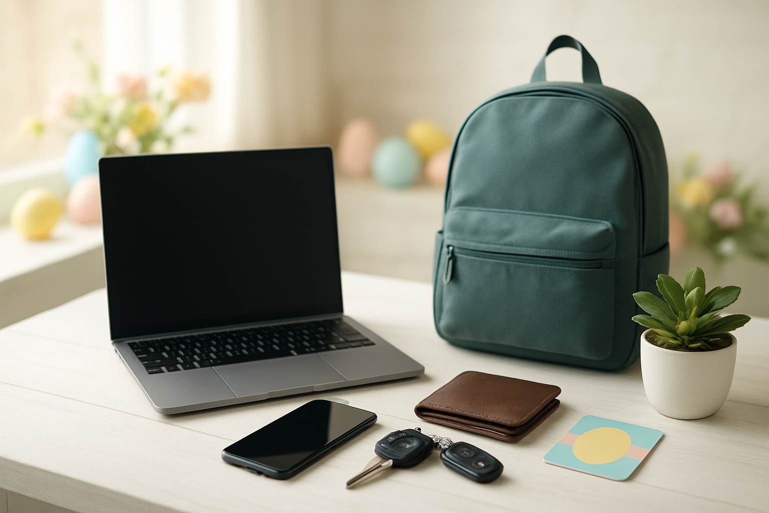 Create a realistic image of a neatly arranged collection of practical Easter gifts for teenagers including a sleek laptop, smartphone, car keys, a leather wallet, a gift card, a backpack, and a small potted plant, all displayed on a clean white wooden table with soft natural lighting from a nearby window, featuring pastel Easter colors in the background with subtle spring elements like fresh flowers, conveying a sense of maturity and independence, absolutely NO text should be in the scene.