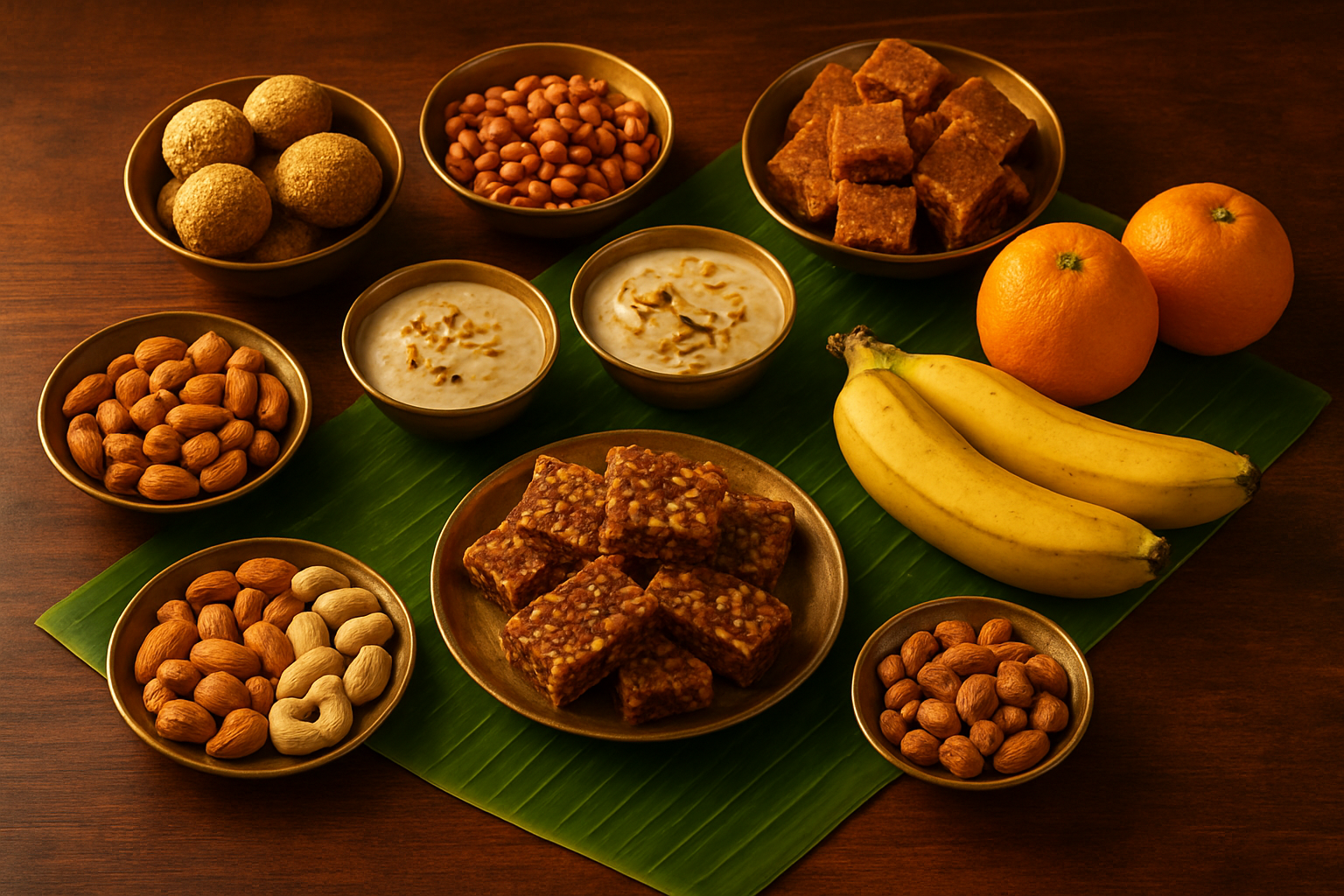 Create a realistic image of an elegant wooden table displaying a variety of colorful and healthy traditional Indian festival snacks including til laddu (sesame balls), roasted peanuts, jaggery sweets, kheer in small bowls, fresh fruits like oranges and bananas, nuts arranged in small brass plates, and homemade energy bars, all beautifully arranged on banana leaves and traditional brass utensils, with warm golden lighting creating a festive atmosphere, shot from above at a slight angle to showcase the variety of nutritious snacks, absolutely NO text should be in the scene.