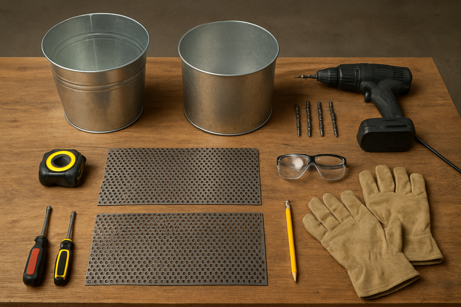 Create a realistic image of essential materials and tools laid out on a wooden workbench for building a smokeless fire pit, including metal buckets or steel containers of different sizes, a power drill with drill bits, measuring tape, metal mesh or perforated steel sheets, work gloves, safety glasses, a pencil for marking, and a few basic hand tools like screwdrivers, arranged in an organized manner on a garage or workshop background with good overhead lighting, absolutely NO text should be in the scene.