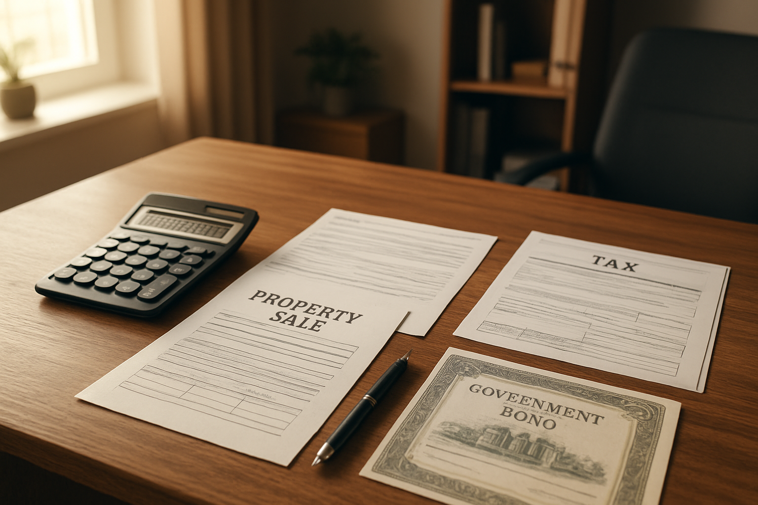 Create a realistic image of a modern Indian office desk scene showing financial documents, property sale papers, and government bond certificates neatly arranged on a wooden desk, with a calculator displaying numbers, a pen, and official tax forms, surrounded by a professional indoor setting with soft natural lighting from a window, featuring a clean and organized workspace that conveys successful financial planning and tax-saving investment completion, with warm ambient lighting creating a sense of achievement and financial security, absolutely NO text should be in the scene.