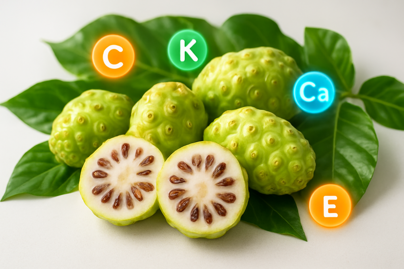Create a realistic image of fresh noni fruits cut open to reveal their interior, displaying the white flesh and seeds, arranged alongside whole noni fruits with their distinctive bumpy, greenish-yellow skin texture, surrounded by vibrant tropical leaves and colorful vitamin and mineral symbols floating around them like glowing orbs in shades of orange, green, and blue, set against a clean white background with soft, bright natural lighting that emphasizes the nutritional richness and health benefits of the fruit, absolutely NO text should be in the scene.