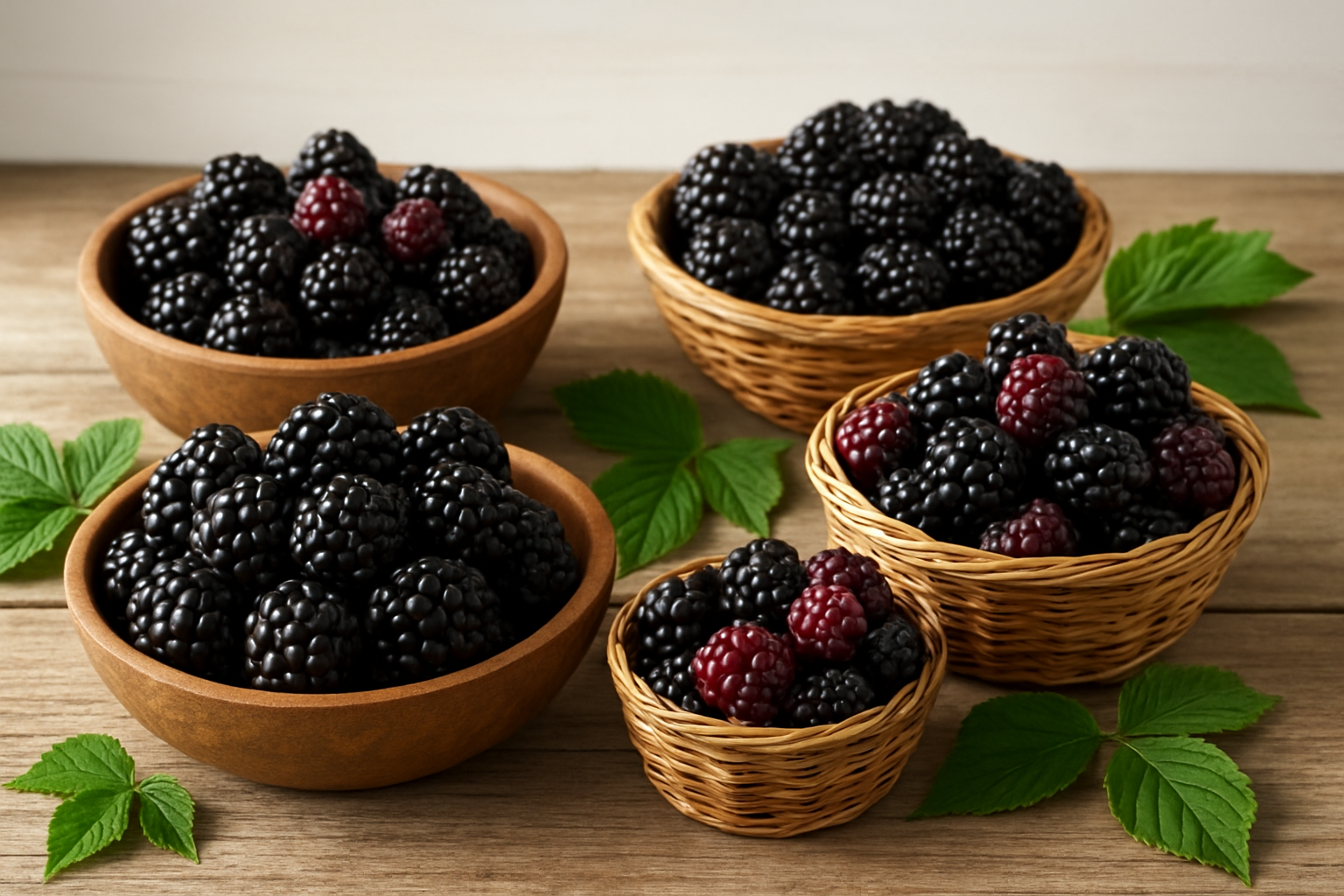 Create a realistic image of multiple varieties of fresh blackberries arranged in separate wooden baskets or bowls on a rustic wooden table, showing different types including thornless blackberries, trailing blackberries, and erect blackberries with subtle variations in size, shape, and ripeness stages from red to deep purple-black, natural daylight streaming from the side creating soft shadows, clean white or light wooden background, fresh green blackberry leaves scattered around the baskets as decoration, absolutely NO text should be in the scene.
