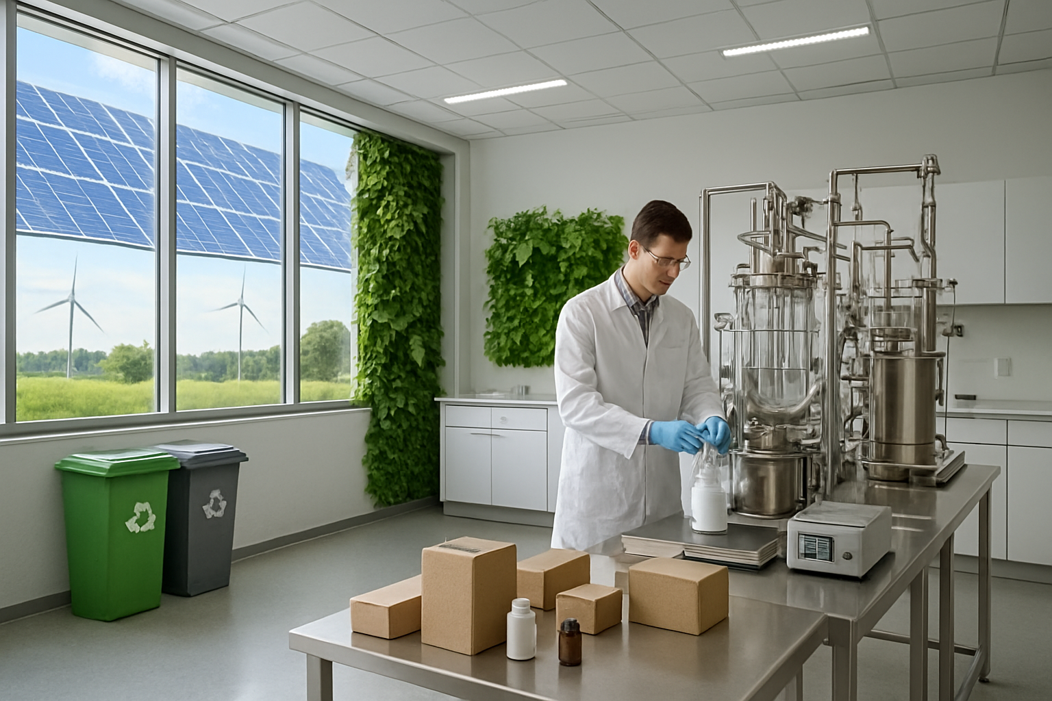 Create a realistic image of a pristine pharmaceutical laboratory with green sustainable elements, featuring solar panels visible through large windows, recycling bins for pharmaceutical waste, energy-efficient LED lighting, living green walls with plants, a scientist in a white lab coat working with biopharmaceutical equipment, clean manufacturing processes with minimal waste output, wind turbines visible in the background landscape, and eco-friendly packaging materials on the workbench, all conveying environmental responsibility and sustainability in modern drug development, absolutely NO text should be in the scene.