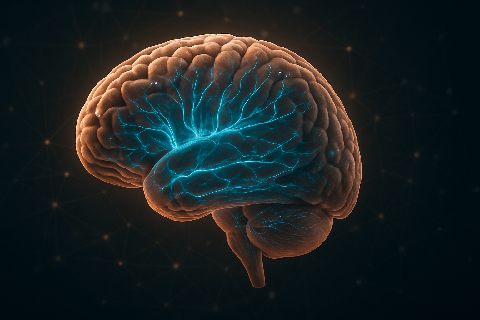 Create a realistic image of a human brain cross-section with visible neural pathways highlighted in soft blue light, surrounded by interconnected glowing nodes and synapses, set against a dark scientific background with subtle geometric patterns representing neural networks, conveying a sense of learning and transformation through warm ambient lighting that emphasizes the intricate biological structures, absolutely NO text should be in the scene.