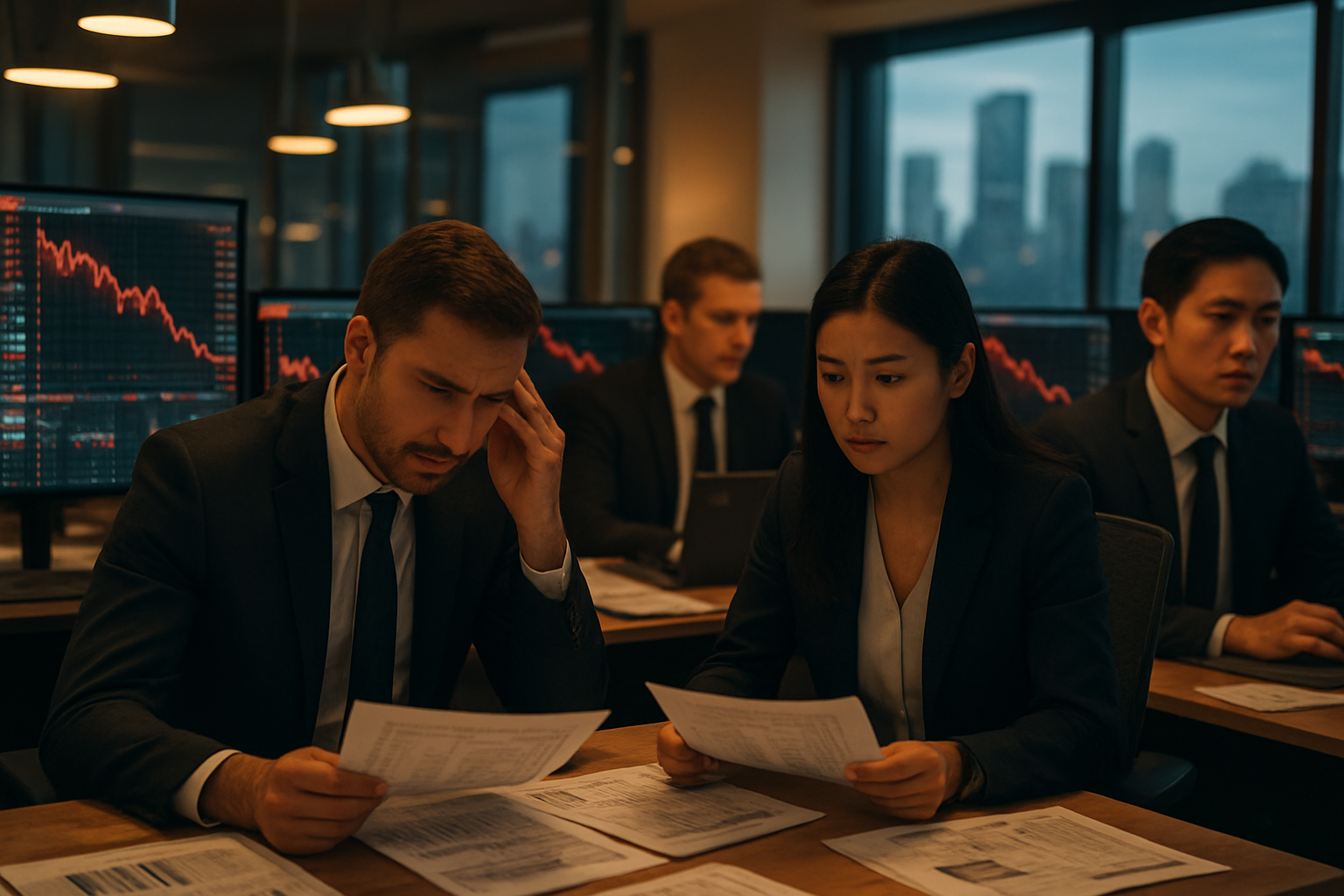 Create a realistic image of a modern trading floor or financial office with multiple computer screens displaying red downward trending stock charts and market data, professional traders or analysts (mix of white and Asian males and females) looking concerned while reviewing financial reports and data on their workstations, the TCS company logo visible on one of the screens, warm artificial lighting from overhead fixtures creating a tense atmosphere, the background showing a city skyline through large windows suggesting a major financial district, papers and financial documents scattered on desks, the overall mood conveying market uncertainty and financial analysis, absolutely NO text should be in the scene.