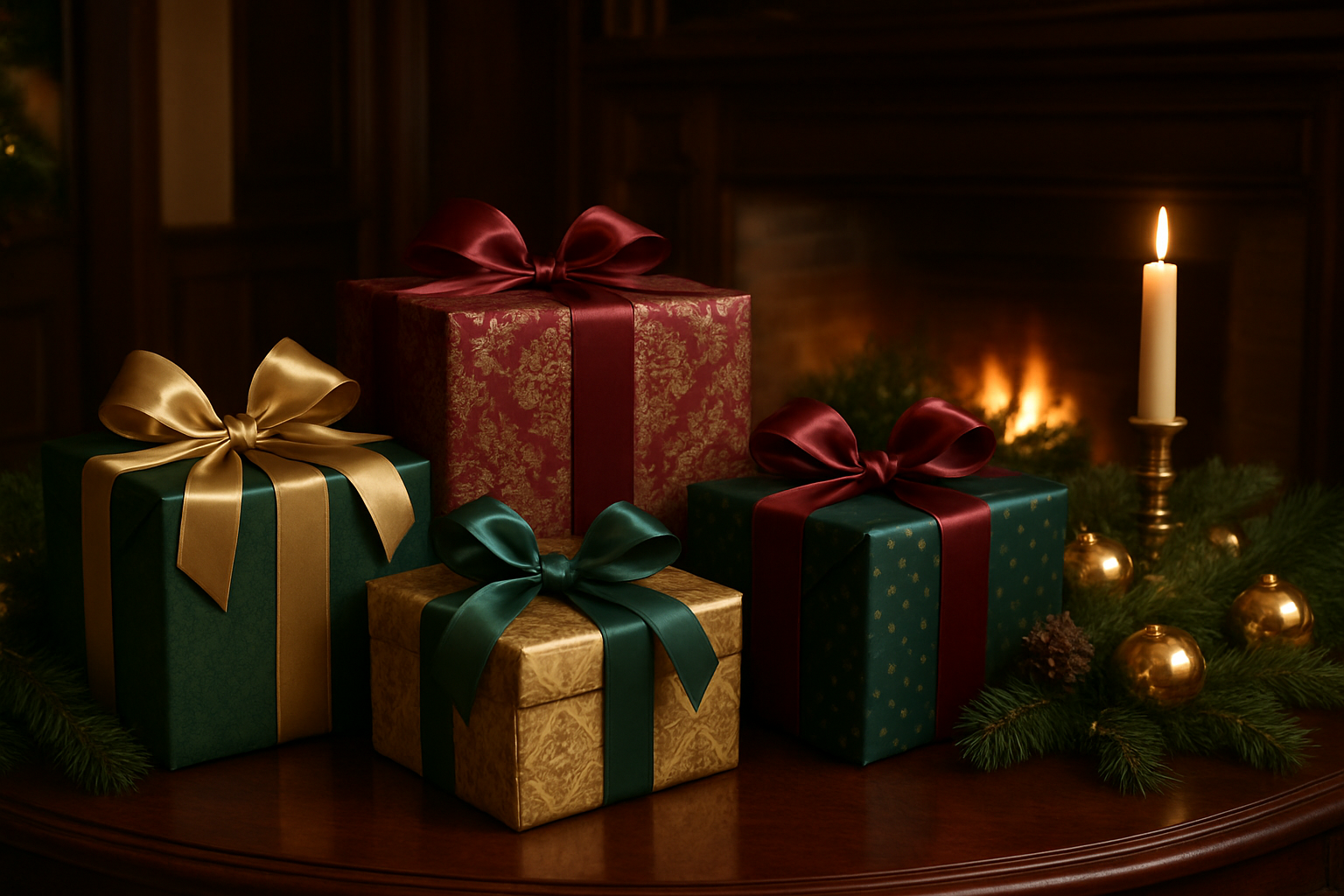Create a realistic image of beautifully wrapped Christmas gifts in elegant traditional styles displayed on a mahogany wooden table in a classic interior setting, featuring presents wrapped in rich burgundy, deep forest green, and gold paper with luxurious satin ribbons, ornate bows, and classic patterns, surrounded by traditional holiday decorations like pine garland, gold ornaments, and candlelight, with a warm fireplace glowing softly in the background, creating an upscale and timeless atmosphere with rich textures and sophisticated color palette, absolutely NO text should be in the scene.