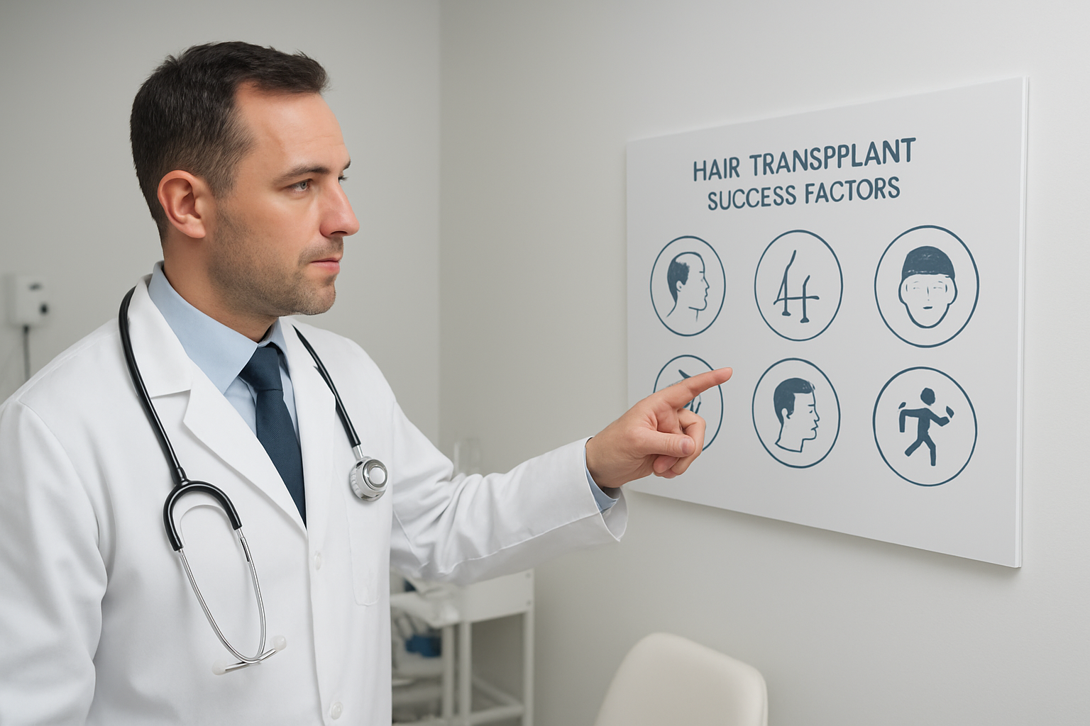 Create a realistic image of a white male doctor in a white coat pointing to a medical chart or infographic displaying various factors that affect hair transplant success, including icons representing age, hair type, scalp condition, and lifestyle factors, set in a modern medical consultation room with soft professional lighting, clean white walls, and medical equipment visible in the background, shot from a three-quarter angle to show both the doctor and the educational materials clearly, absolutely NO text should be in the scene.