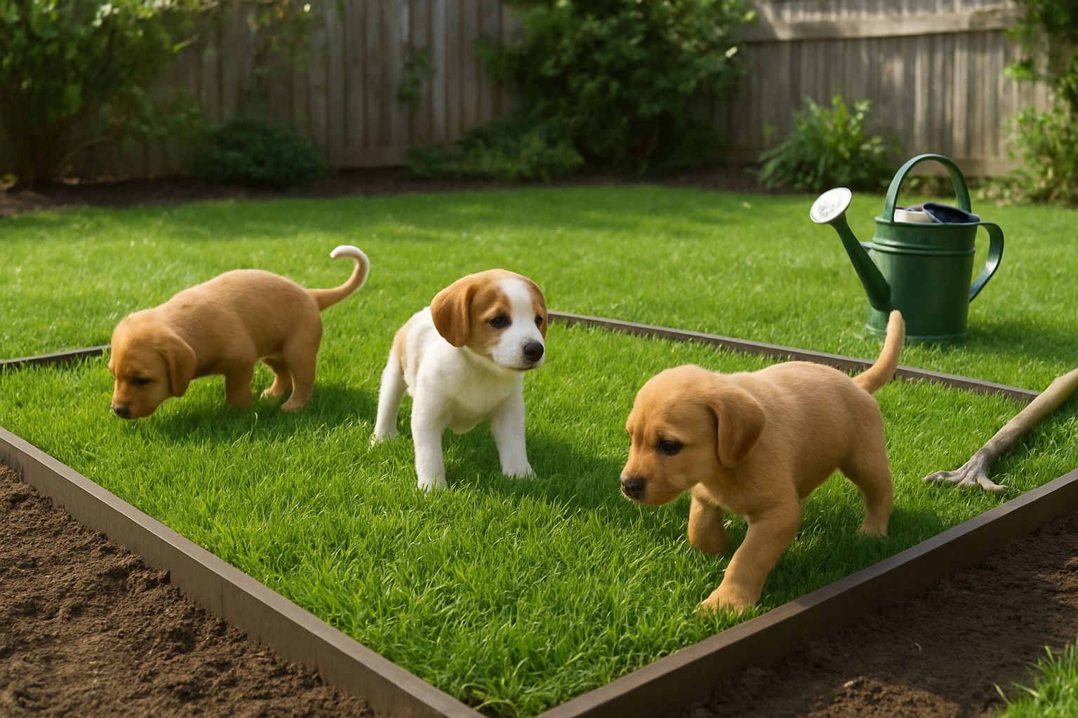 Create a realistic image of a lush green natural grass patch designated as a puppy area in a backyard setting, featuring healthy real grass with rich soil visible at the edges, a few small puppies playing and exploring on the grass surface, wooden or plastic border edging defining the grass area, a residential backyard environment with a fence in the background, natural daylight with soft shadows, and gardening tools like a watering can nearby suggesting maintenance and care of the natural grass system, absolutely NO text should be in the scene.