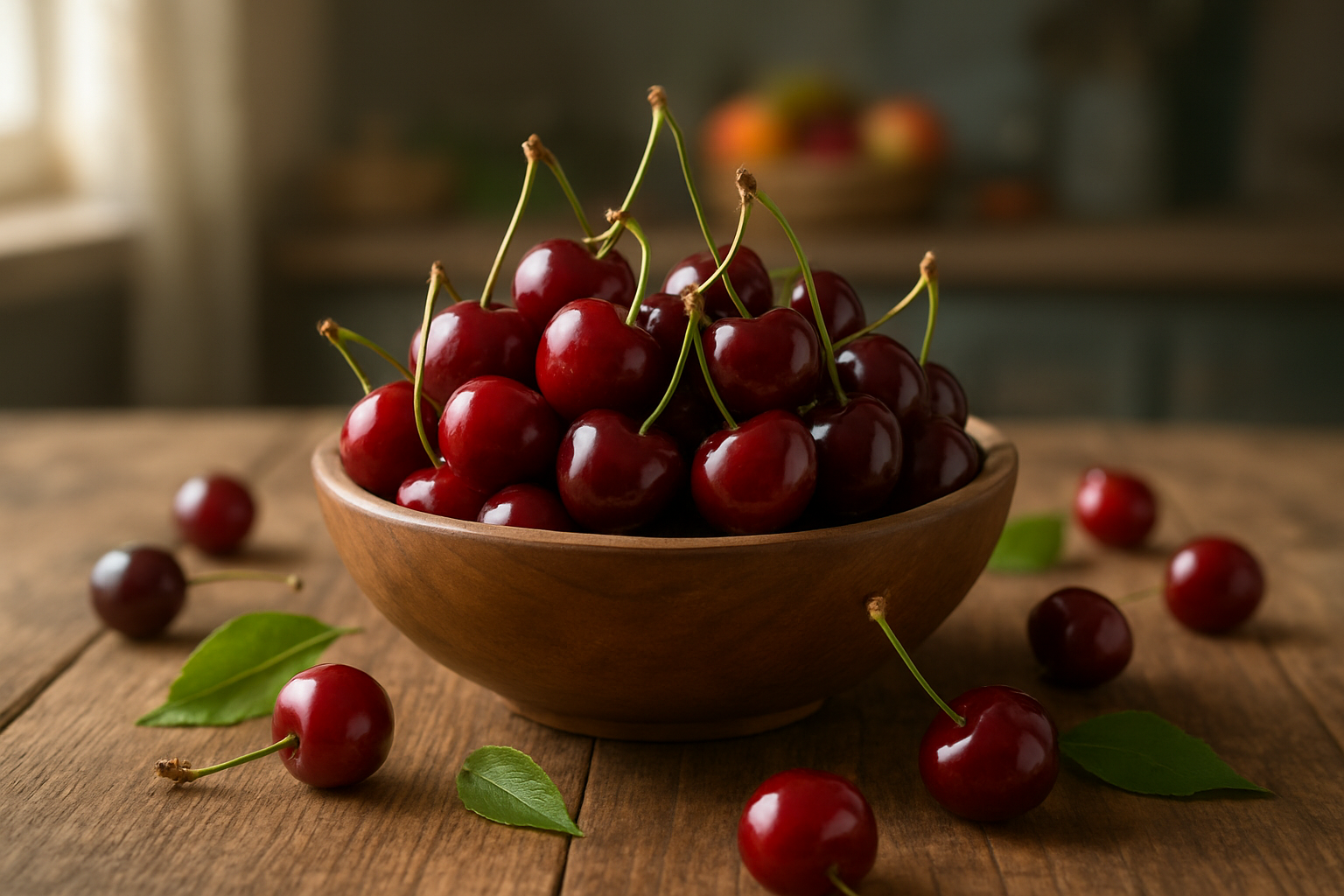 Create a realistic image of a beautiful wooden bowl filled with fresh, glossy red and dark red cherries with green stems attached, placed on a rustic wooden table surface, surrounded by scattered individual cherries and a few green cherry leaves, with soft natural lighting from a window creating gentle shadows, warm and inviting atmosphere suggesting the conclusion of learning about cherries, with a blurred kitchen background showing hints of other fresh fruits, absolutely NO text should be in the scene.