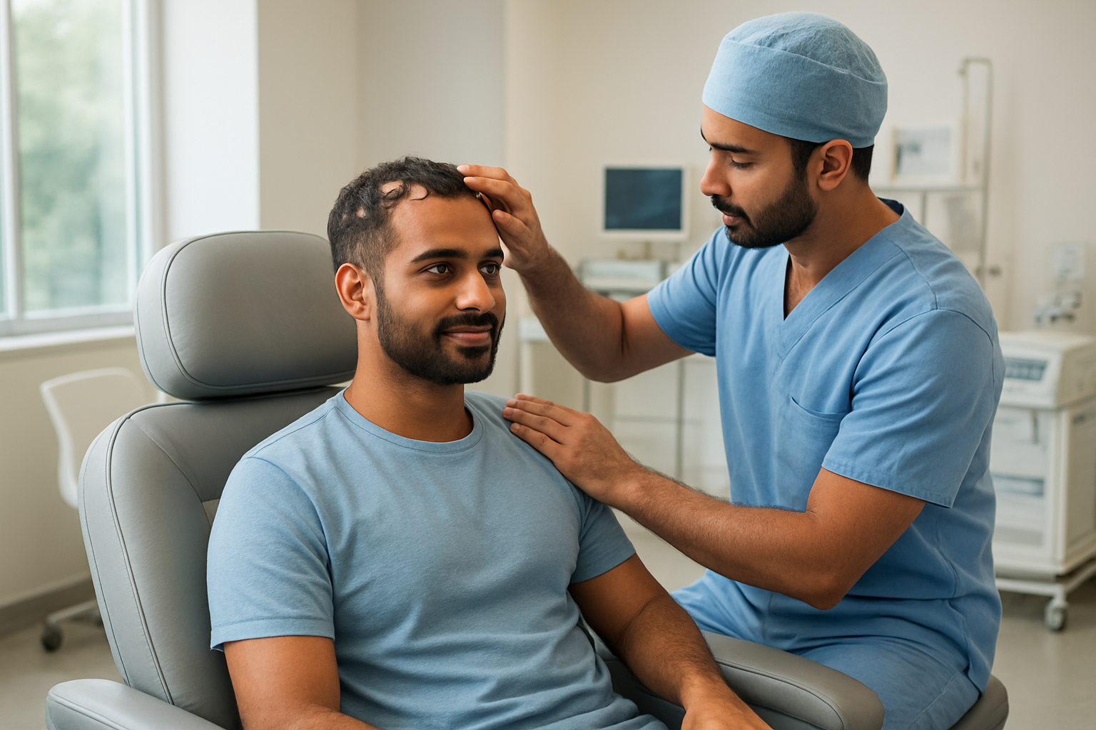Create a realistic image of a South Asian male patient sitting comfortably in a modern medical recovery chair in a clean, well-lit hair transplant clinic, with a medical professional in scrubs gently examining his scalp area where small bandages are visible, soft natural lighting from large windows creating a calm and reassuring atmosphere, medical equipment and monitors visible in the background, the patient appearing relaxed and confident during his post-procedure consultation, absolutely NO text should be in the scene.