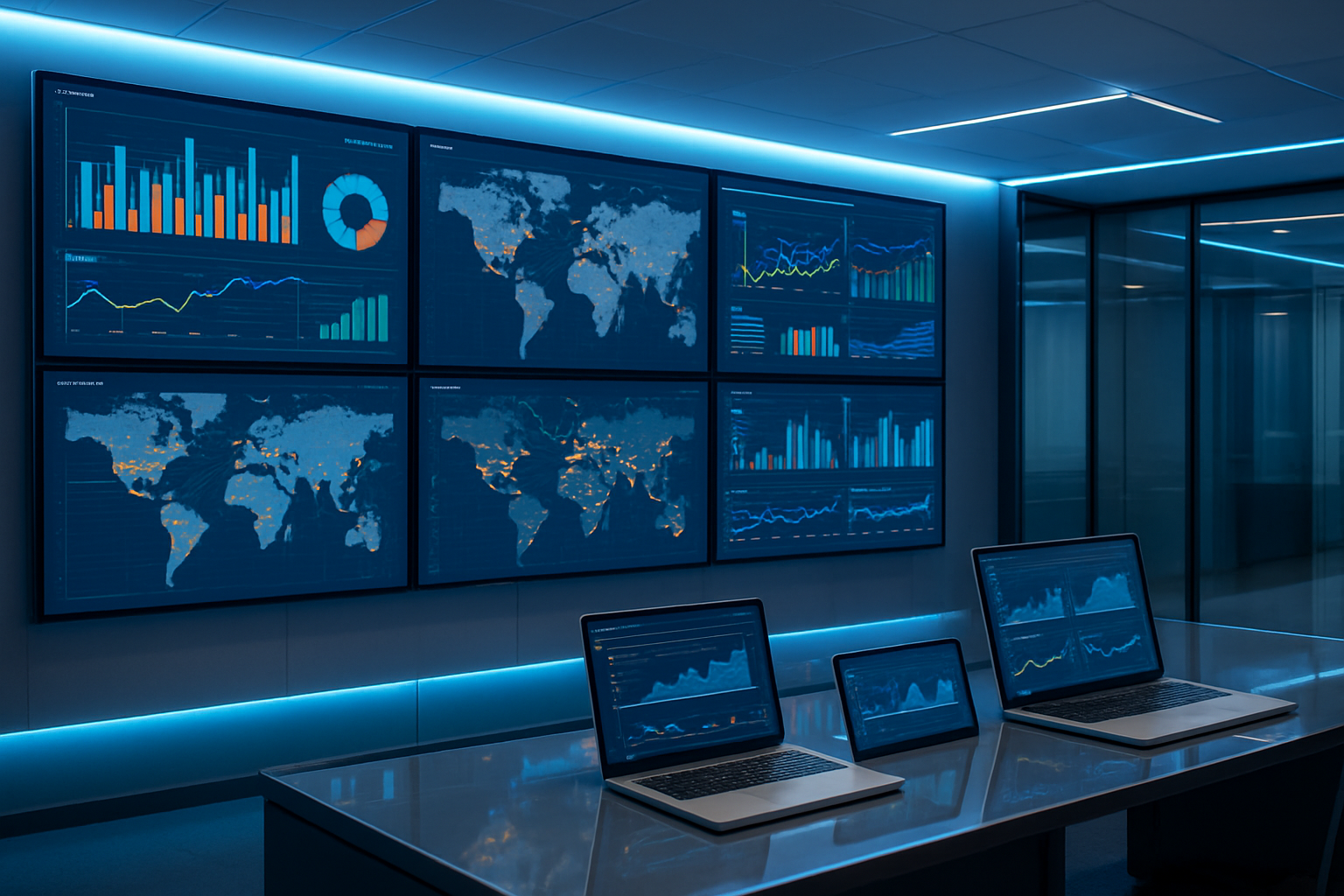 Create a realistic image of a modern logistics control center with multiple large wall-mounted monitors displaying colorful data visualizations, charts, and world maps showing shipping routes and real-time cargo tracking information, with a sleek desk in the foreground featuring laptops and tablets showing predictive analytics dashboards, surrounded by a clean, high-tech environment with blue and white LED lighting, glass surfaces, and a professional atmosphere that conveys advanced supply chain technology and data-driven decision making, absolutely NO text should be in the scene.