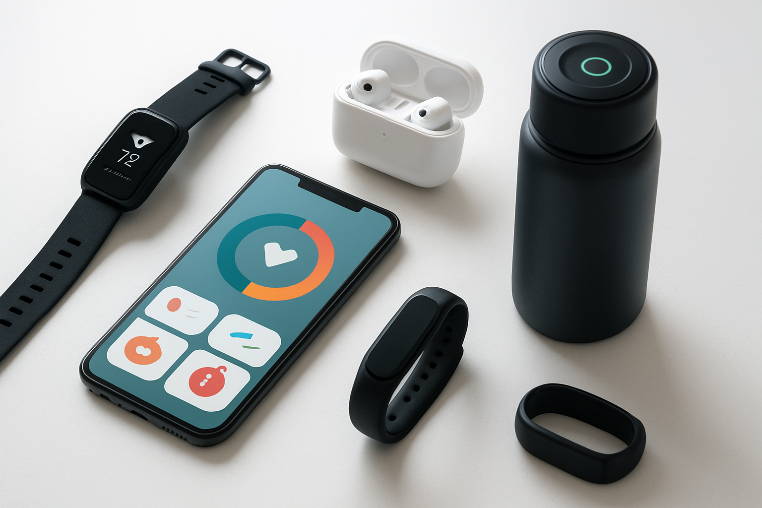 Create a realistic image of various smart health and fitness tracking accessories arranged on a clean white surface, including a sleek fitness tracker watch, wireless earbuds in their charging case, a smartphone displaying a health app interface, a smart water bottle, and a compact fitness band, with soft natural lighting from above creating gentle shadows, modern minimalist background, technology-focused mood emphasizing connectivity and wellness, absolutely NO text should be in the scene.