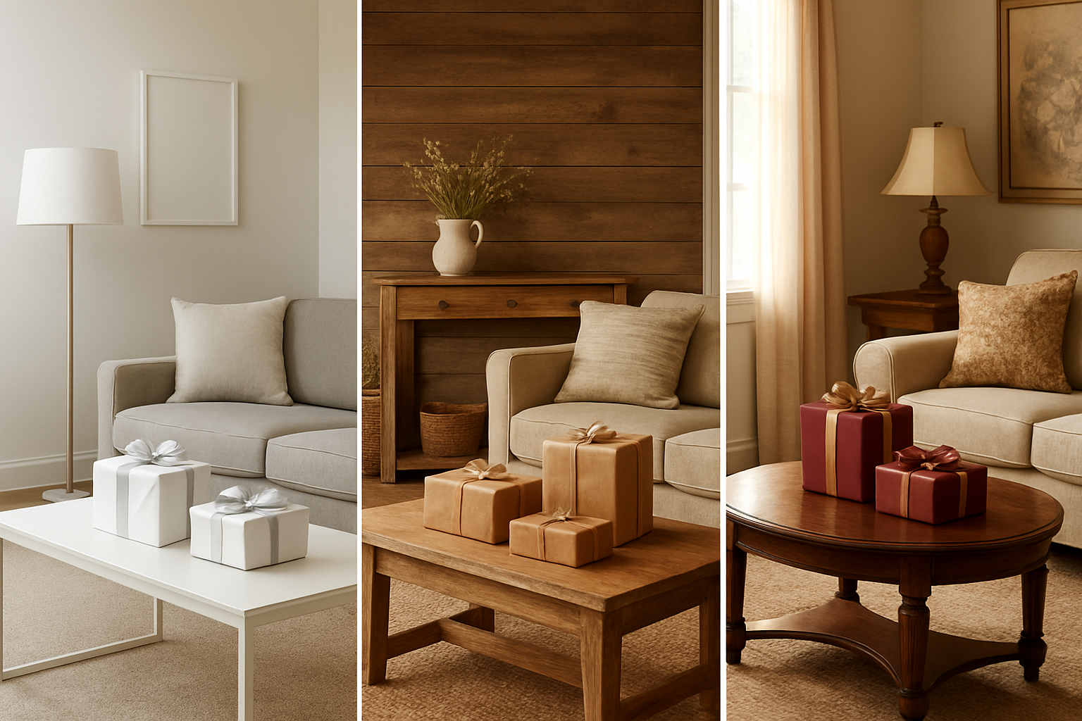 Create a realistic image of a beautifully styled living room showcasing different interior design styles through sectioned areas, with wrapped gifts on a coffee table that coordinate with each design aesthetic - modern minimalist gifts with clean white and silver wrapping in one area, rustic farmhouse gifts with brown kraft paper and twine in another section, and elegant traditional gifts with rich burgundy and gold wrapping in a third area, soft natural lighting streaming through windows, warm and inviting atmosphere, absolutely NO text should be in the scene.
