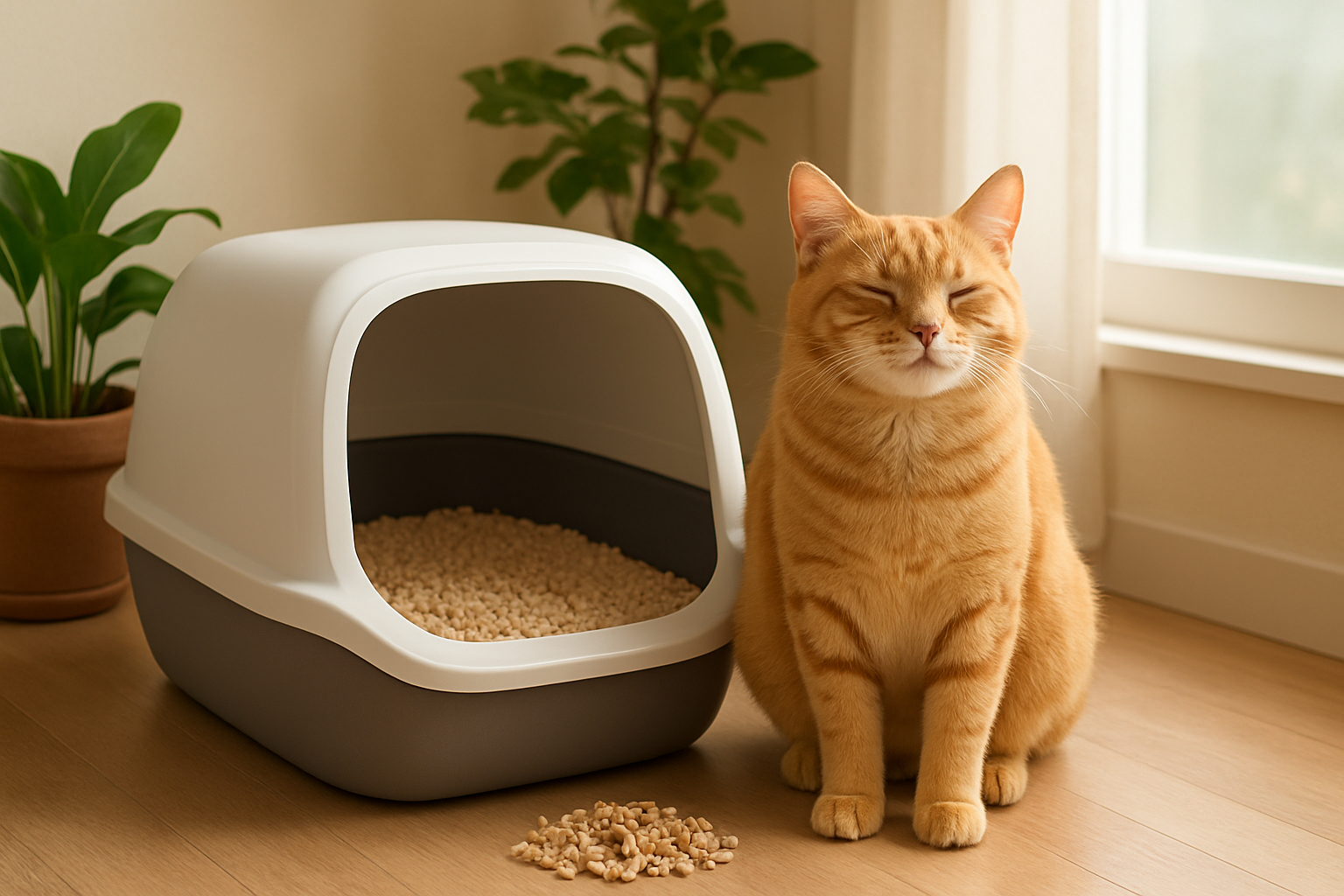 Create a realistic image of a peaceful indoor scene featuring a content orange tabby cat sitting beside a modern litter box filled with natural beige tofu cat litter pellets, with a small pile of unused tofu litter pellets nearby, a few green plants in the background suggesting eco-friendliness, warm natural lighting coming through a window, creating a clean and healthy home environment atmosphere that conveys satisfaction and well-being, absolutely NO text should be in the scene.