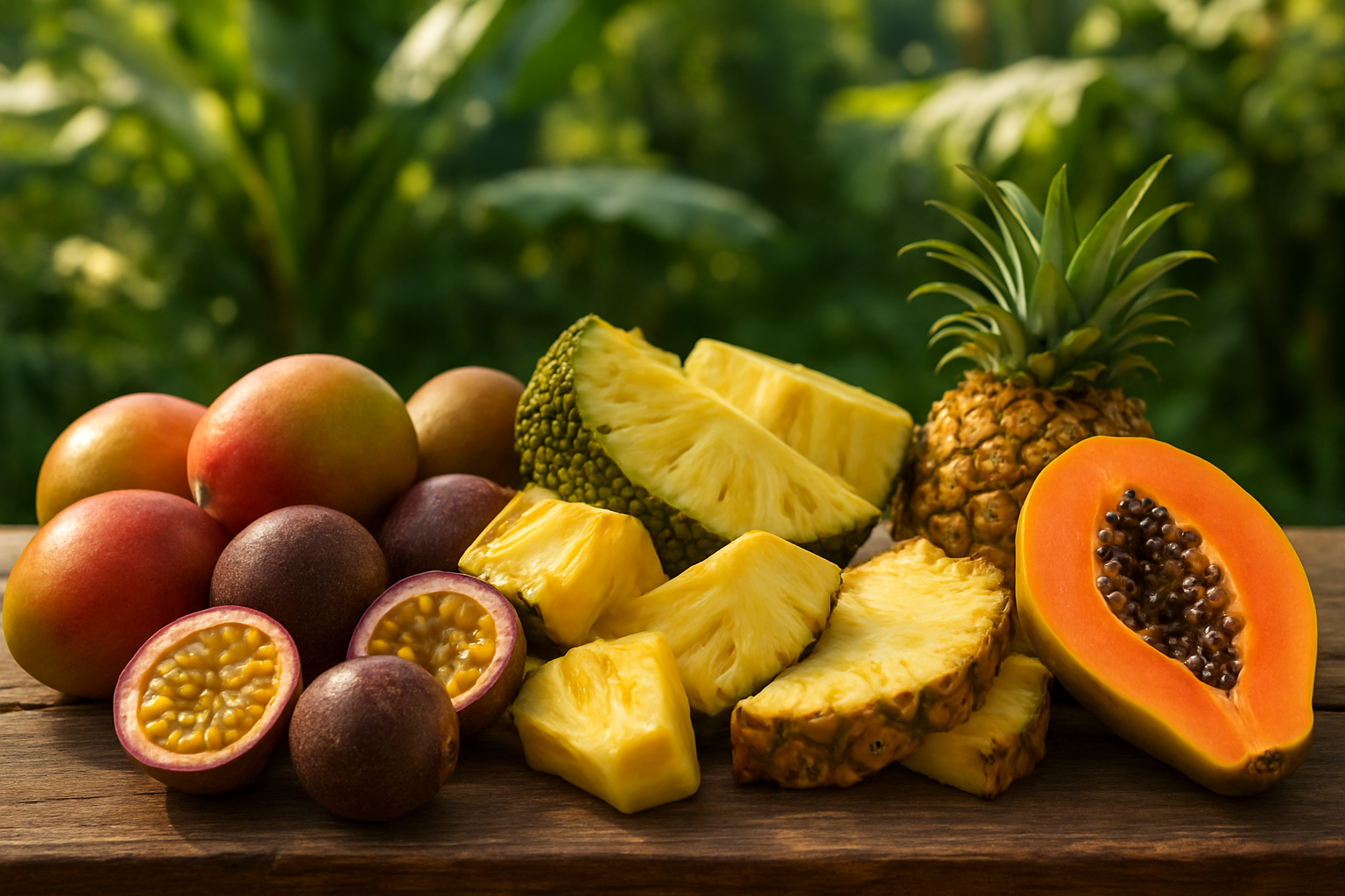 Create a realistic image of a vibrant display of fresh tropical fruits native to Uganda arranged on a rustic wooden table, featuring ripe mangoes, passion fruits, jackfruit pieces, pineapple slices, and papayas with their bright orange flesh visible, set against a lush green tropical garden background with soft natural sunlight filtering through banana leaves, creating warm golden highlights on the colorful fruit surfaces, with some fruits cut open to show their juicy, succulent interiors, evoking a fresh and appetizing mood that celebrates the sweetness of tropical produce, absolutely NO text should be in the scene.
