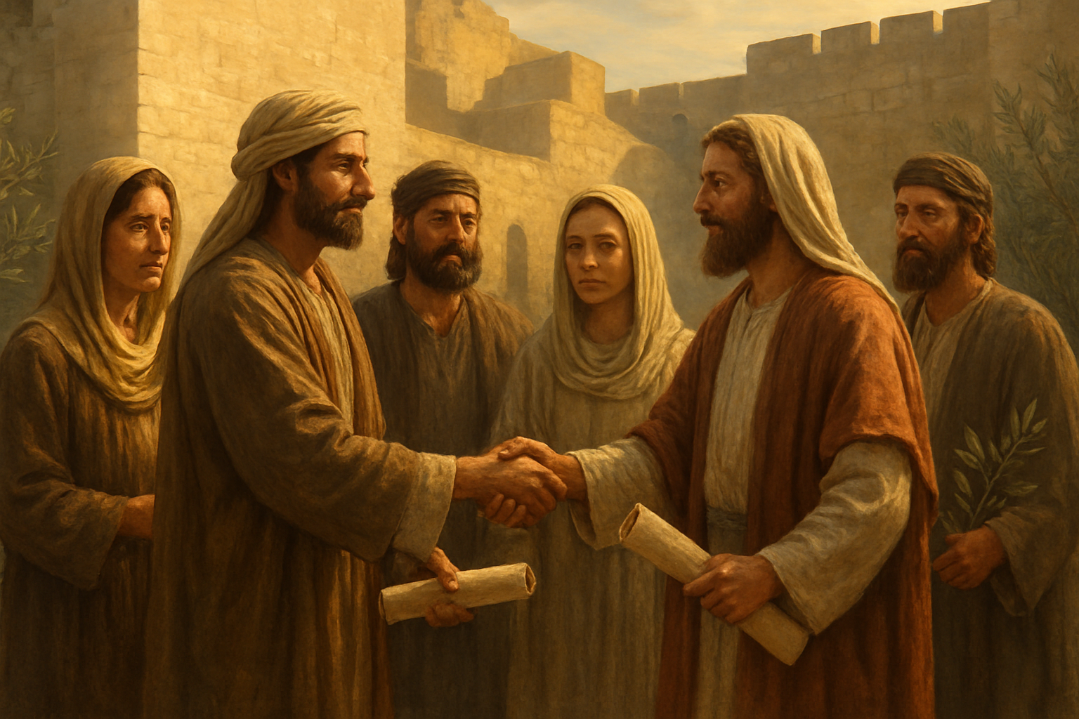 Create a realistic image of two diverse groups of people - one group of Middle Eastern men and women in ancient biblical clothing, and another group of Hebrew men and women also in traditional ancient attire - meeting and shaking hands in a gesture of alliance and trust, set against the backdrop of ancient stone buildings and city walls reminiscent of biblical times, with warm golden lighting suggesting hope and cooperation, showing scrolls or documents being exchanged between the groups to symbolize formal agreements, with olive branches visible in the scene as symbols of peace, captured in a moment that conveys mutual respect and strategic partnership. Absolutely NO text should be in the scene.