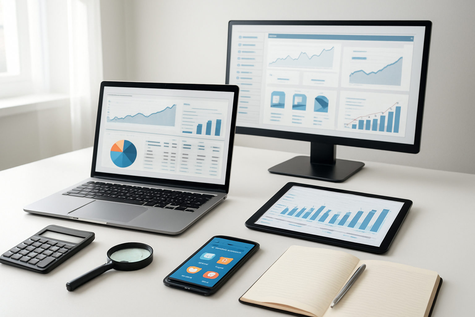 Create a realistic image of a modern workspace desk with essential Amazon product research tools including a sleek laptop displaying analytics dashboards, smartphone with shopping apps, digital tablet showing product graphs, calculator, notepad with pen, magnifying glass, and various software interface elements visible on multiple screens, set against a clean white office background with soft natural lighting from a window, professional and organized atmosphere. Absolutely NO text should be in the scene.