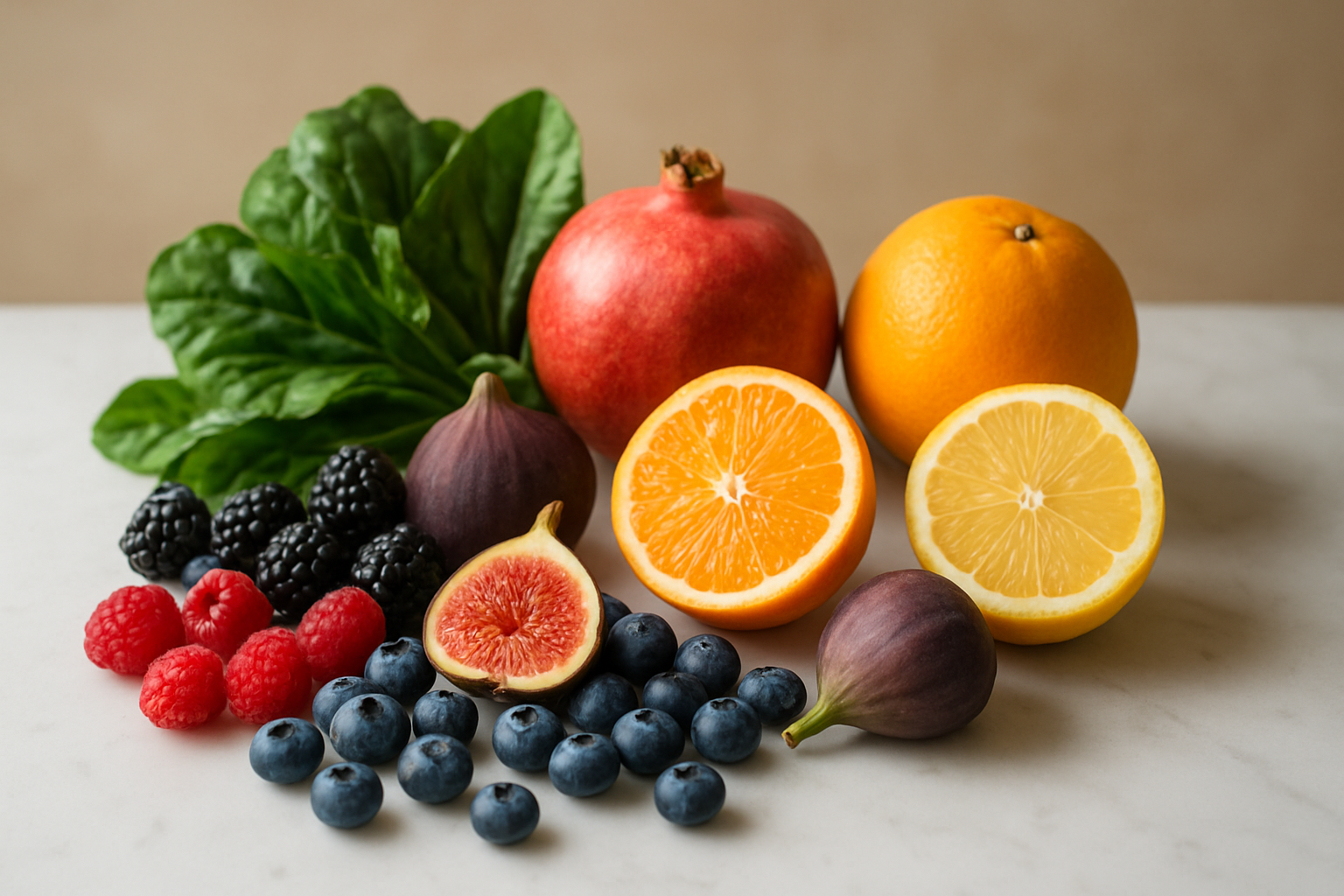 Create a realistic image of a diverse arrangement of fresh, vibrant fruits including berries, citrus fruits, pomegranates, figs, and leafy greens artfully displayed on a clean white marble surface with soft, natural lighting from the side, creating gentle shadows and highlighting the rich colors and textures of the produce, with a minimalist background in warm, health-focused tones that conveys wellness and nutrition, absolutely NO text should be in the scene.