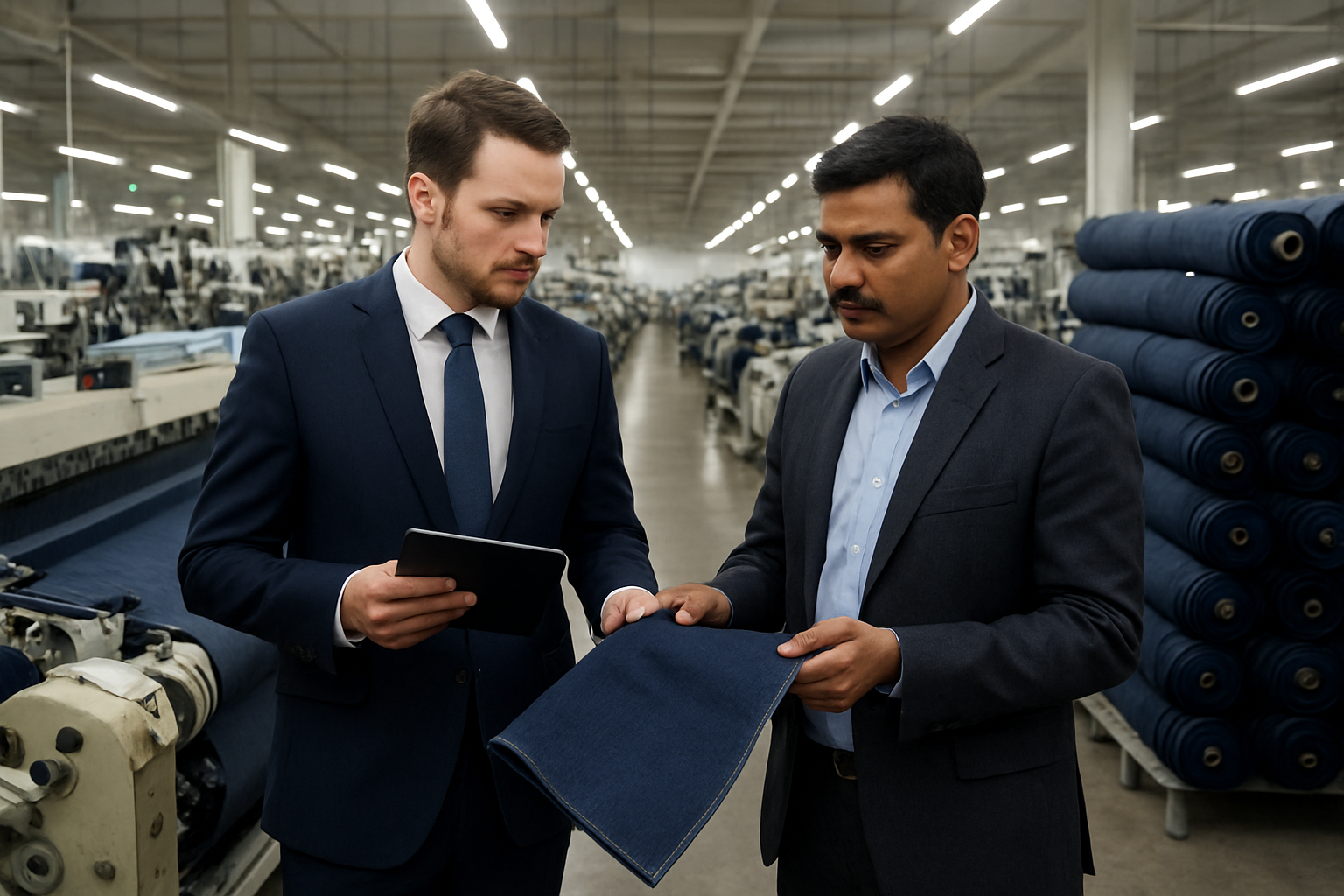 Create a realistic image of a modern textile factory floor in India with rows of industrial denim weaving looms and cutting machines, featuring a white male business professional in a suit holding a tablet while examining high-quality denim fabric samples alongside an Indian male factory manager in business attire, with bolts of indigo denim fabric stacked in the background, bright industrial lighting illuminating the clean manufacturing facility, conveying a professional partnership evaluation atmosphere, absolutely NO text should be in the scene.