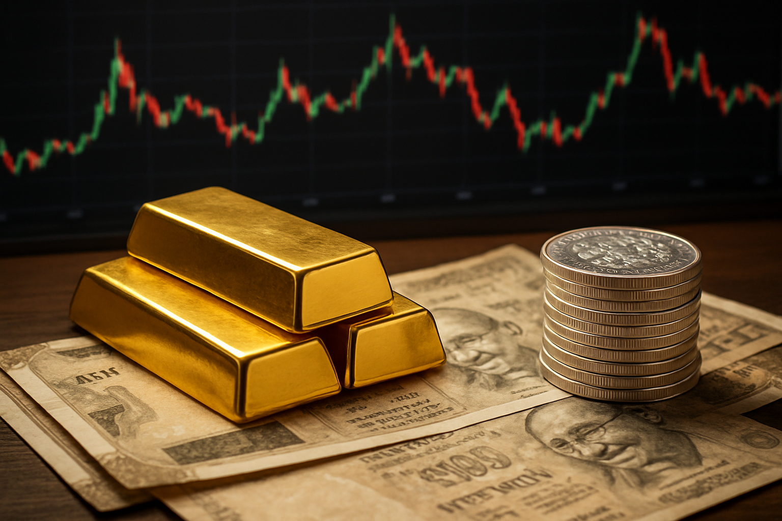 Create a realistic image of gold bars and silver coins arranged on a financial chart showing market fluctuations with red and green trend lines, surrounded by Indian rupee currency notes, with a stock market graph displaying volatile price movements in the background, professional lighting highlighting the metallic shine of the precious metals, conveying the dynamic relationship between market conditions and precious metal investments, absolutely NO text should be in the scene.
