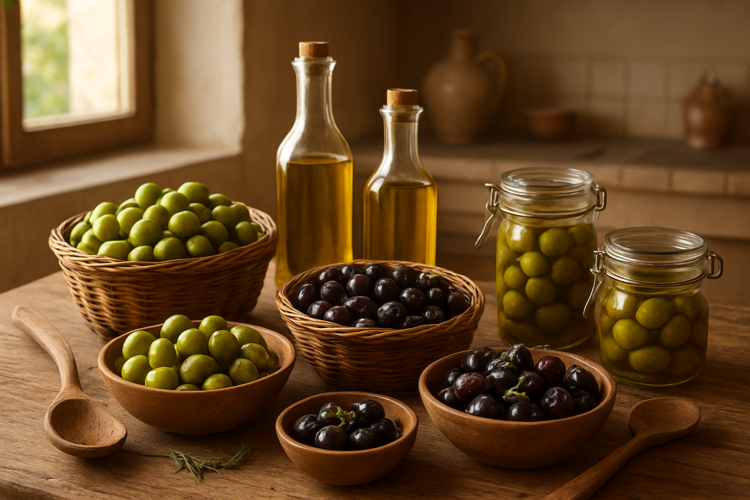 Create a realistic image of various olive processing stages displayed on a rustic wooden table, showing fresh green and black olives in wicker baskets, glass jars filled with brined olives, wooden bowls containing cured olives with herbs, olive oil in clear bottles, and traditional processing tools like wooden spoons and strainers, set against a Mediterranean kitchen background with warm natural lighting streaming through a window, absolutely NO text should be in the scene.