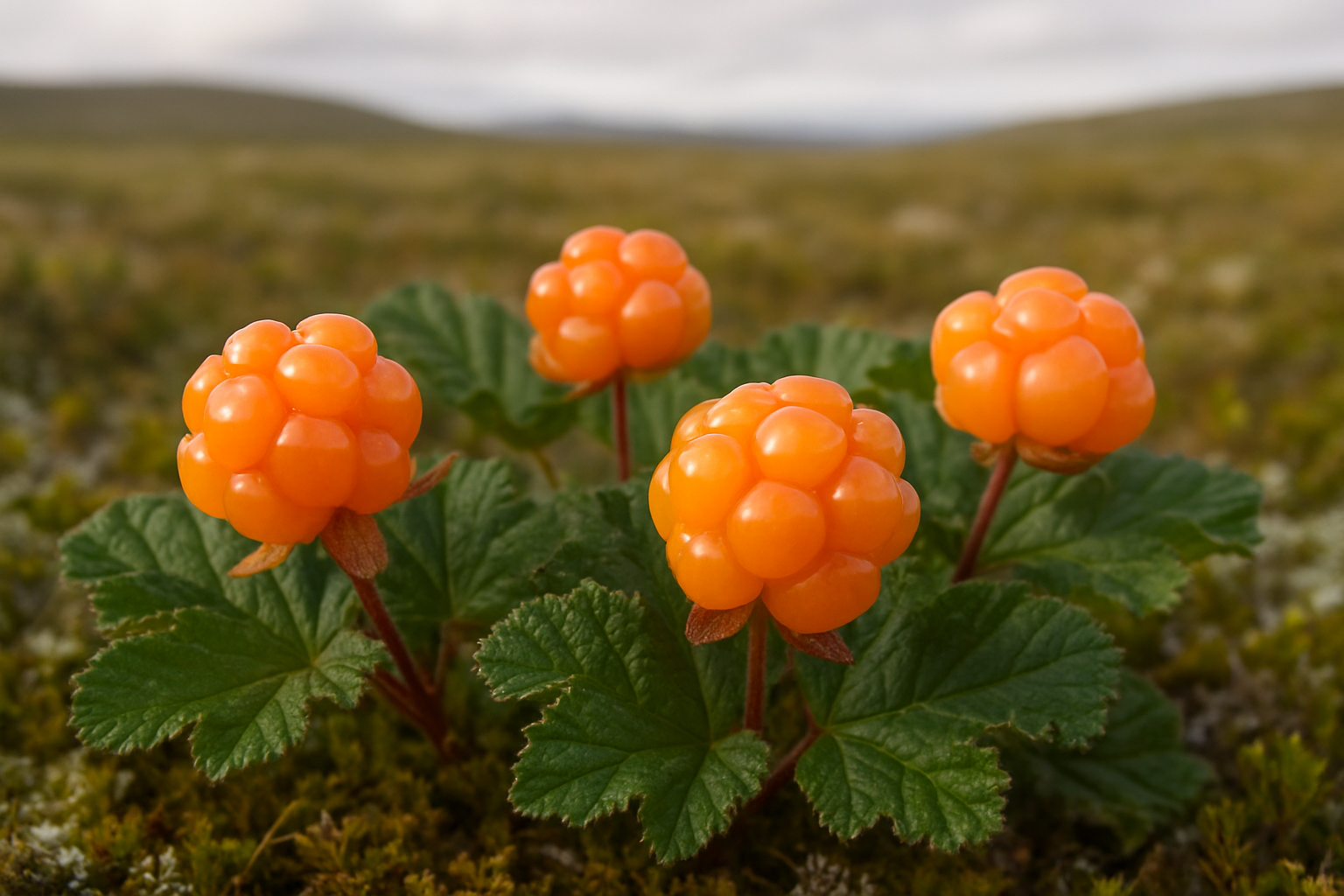 Create a realistic image of fresh cloudberries in their natural habitat, showcasing several bright orange-amber colored berries with their distinctive segmented structure growing on low green plants with serrated leaves, set against a Nordic tundra landscape with moss-covered ground, soft natural lighting highlighting the unique translucent quality and individual drupelets of the cloudberries, creating an educational and informative mood that emphasizes the berries' distinctive appearance and characteristics, absolutely NO text should be in the scene.