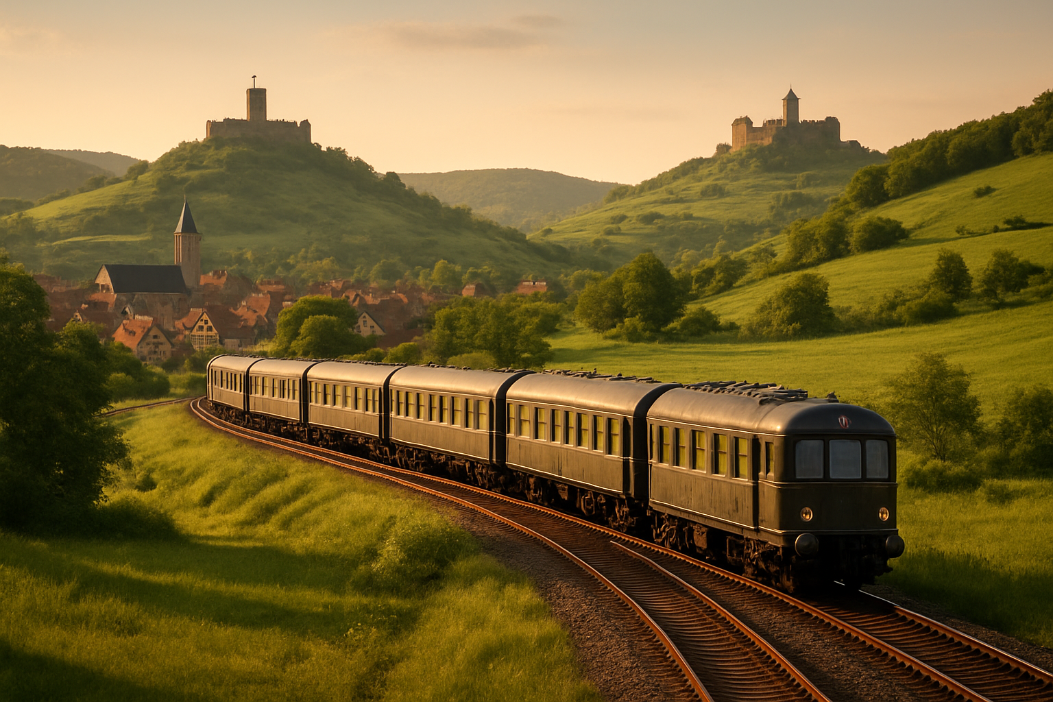 Create a realistic image of a vintage European passenger train with classic carriages traveling through a picturesque countryside landscape between historic European cities, featuring rolling green hills dotted with medieval castles and church spires in the distance, traditional European architecture visible along the route, warm golden hour lighting casting long shadows across the scene, railway tracks curving through the pastoral landscape, and a peaceful atmosphere that captures the romance of historic rail travel across Europe. Absolutely NO text should be in the scene.