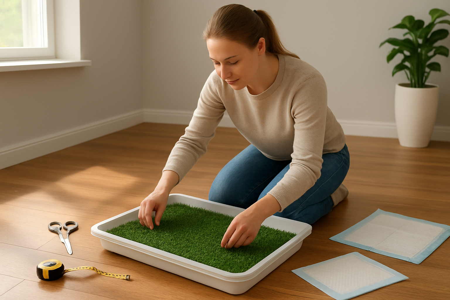 Create a realistic image of a white female person kneeling on a hardwood floor assembling an indoor dog potty area with her hands placing artificial grass onto a plastic tray, with scattered DIY materials including scissors, measuring tape, and absorbent pads nearby, in a bright modern home interior with natural sunlight streaming through a window, creating a helpful and organized DIY project atmosphere, absolutely NO text should be in the scene.