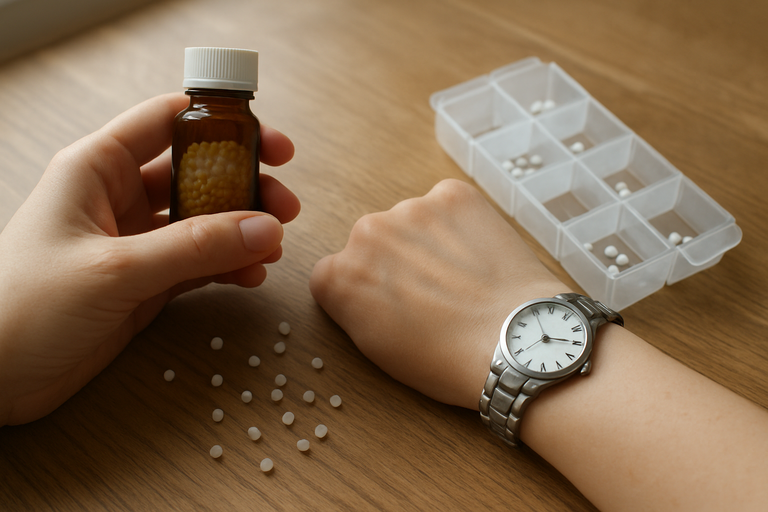 Create a realistic image of a white female hand holding a small brown glass homeopathic medicine bottle while checking a silver wristwatch on the other wrist, with scattered homeopathic pills on a wooden table surface, a pill organizer with some compartments filled and others empty showing inconsistent dosing, soft natural lighting from a window, conveying confusion about medication timing, absolutely NO text should be in the scene.