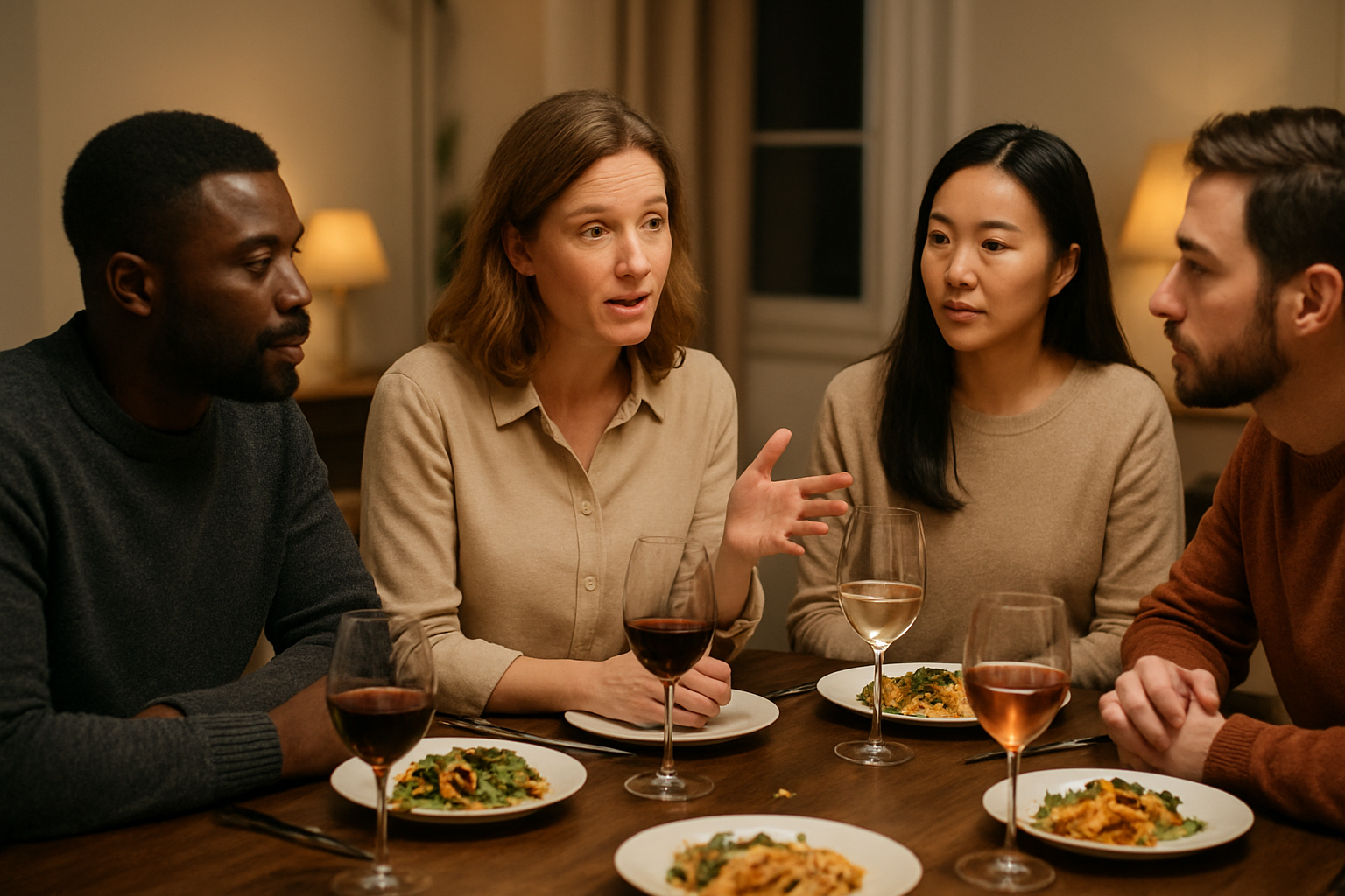 Create a realistic image of a diverse group of people seated around an elegant dinner table having a thoughtful conversation, featuring a white female host gesturing while speaking to her guests including a black male and an Asian female, with various wine glasses containing different types of wine (red, white, rosé) placed on the table alongside plates of food showing different dietary options like vegetarian and gluten-free dishes, set in a warm, softly-lit dining room with a cozy atmosphere that conveys careful consideration and planning for guest preferences, absolutely NO text should be in the scene.